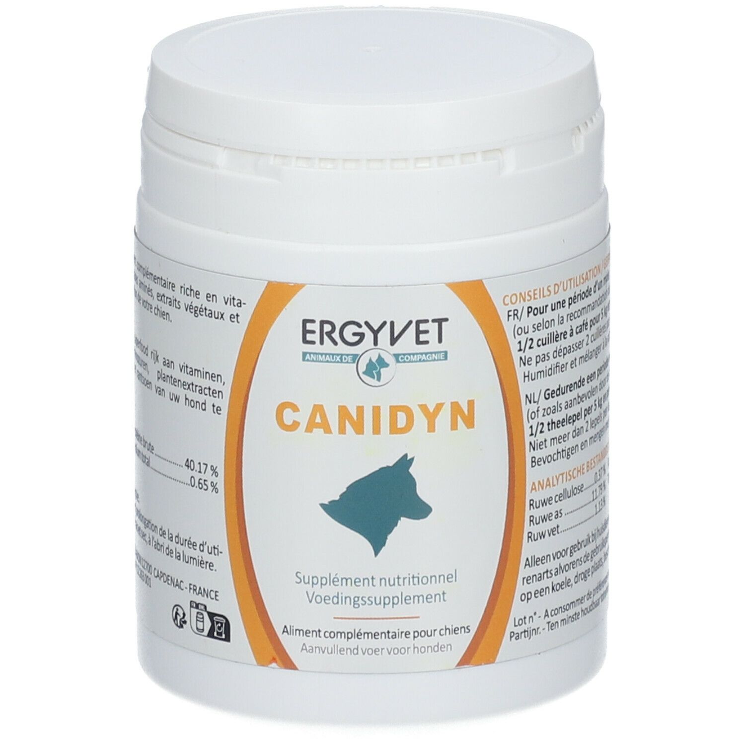 Weiße Dose mit Deckel. Aufschrift: ERGYVET, CANIDYN. Logo: Hundeprofil. Text in Französisch und Niederländisch.