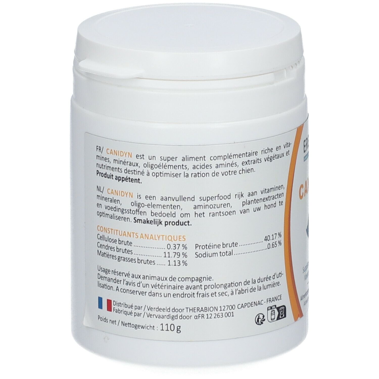 Rückseite einer weißen Dose. Text in Französisch und Niederländisch. Inhaltsstoffe und Nährwertangaben. Gewicht: 110g.