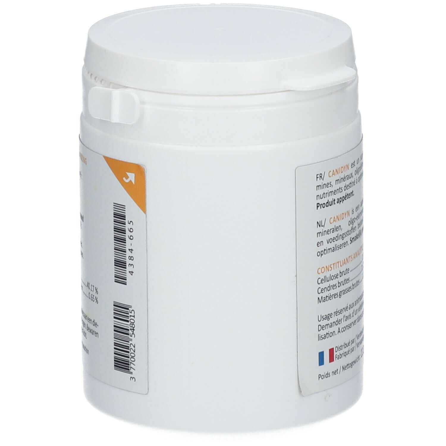 Weiße Dose mit Deckel. Aufkleber mit Barcode und orangefarbenem Pfeil. Herstellerinformationen.