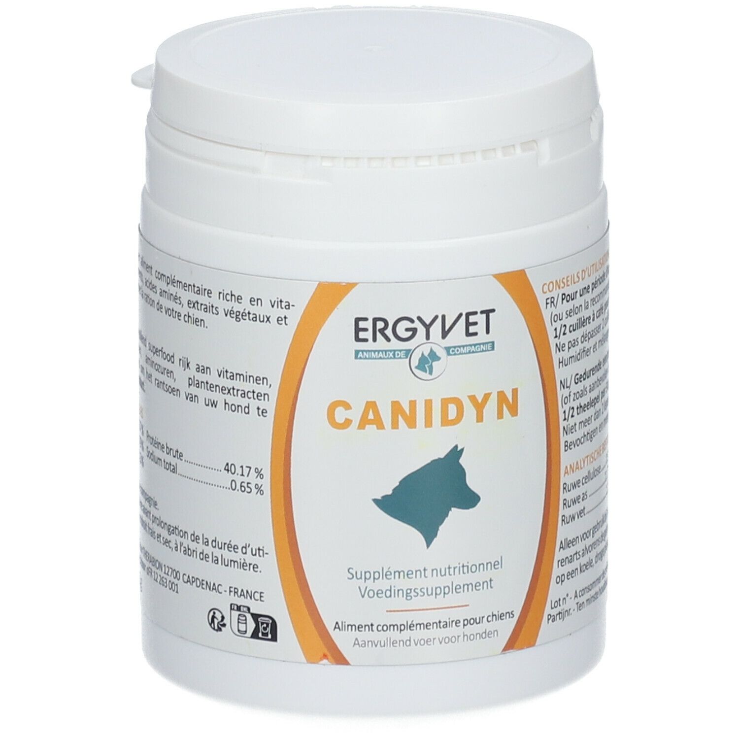 Weiße Dose mit Deckel. Aufschrift: ERGYVET, CANIDYN. Logo: Hundeprofil. Text in Französisch und Niederländisch.