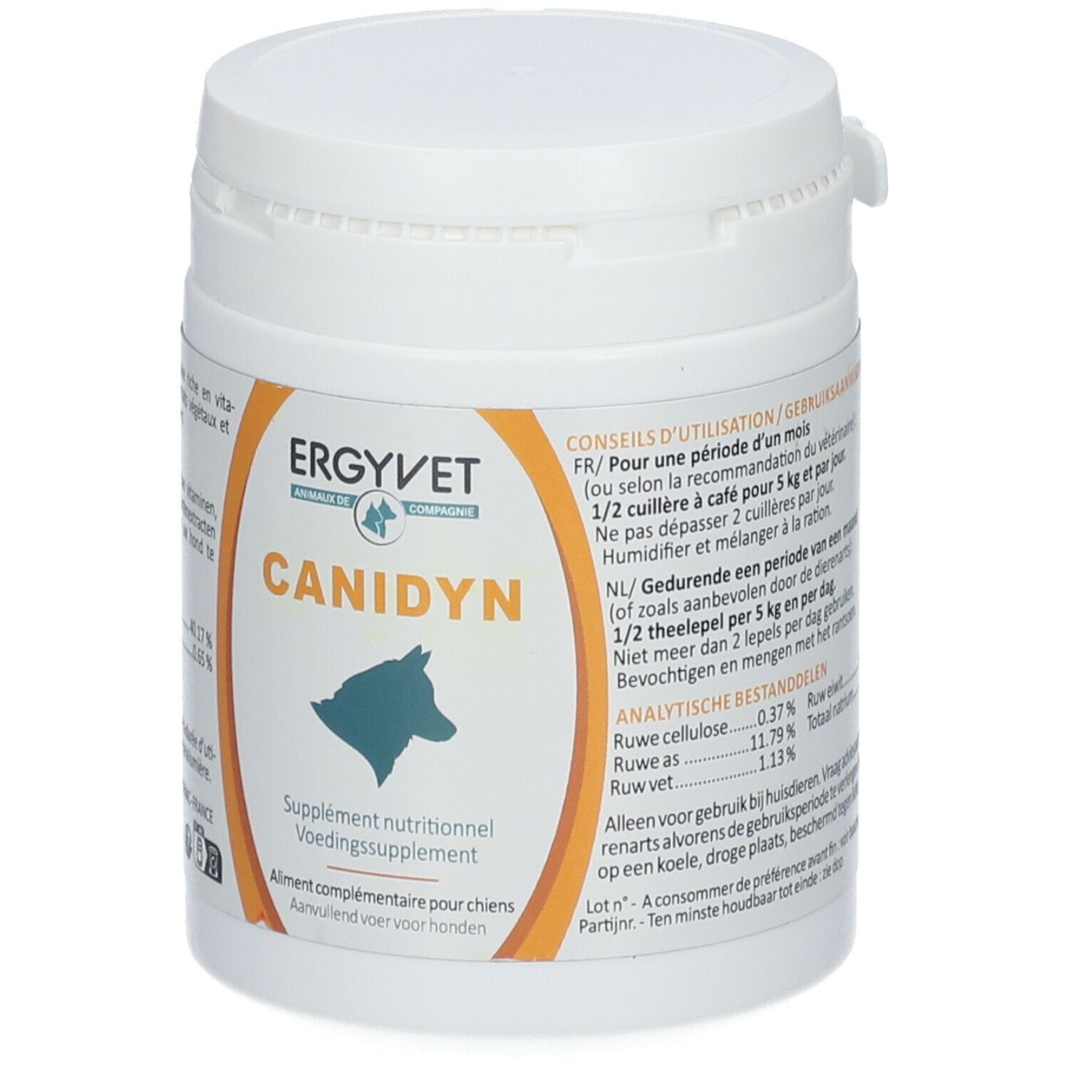 Weiße Dose mit Deckel. Aufschrift: ERGYVET, CANIDYN. Logo: Hundeprofil. Text in Französisch und Niederländisch. Gebrauchsanweisung.