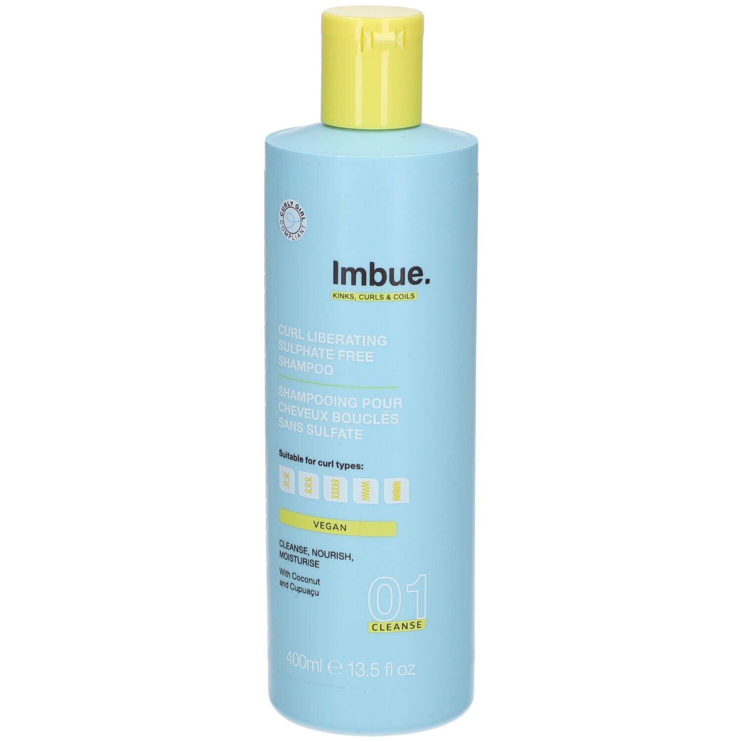 Hellblaues Shampoo mit gelbem Deckel. Aufschrift: Imbue. Curl Liberating Sulphate Free Shampoo. Vegan. 400ml.