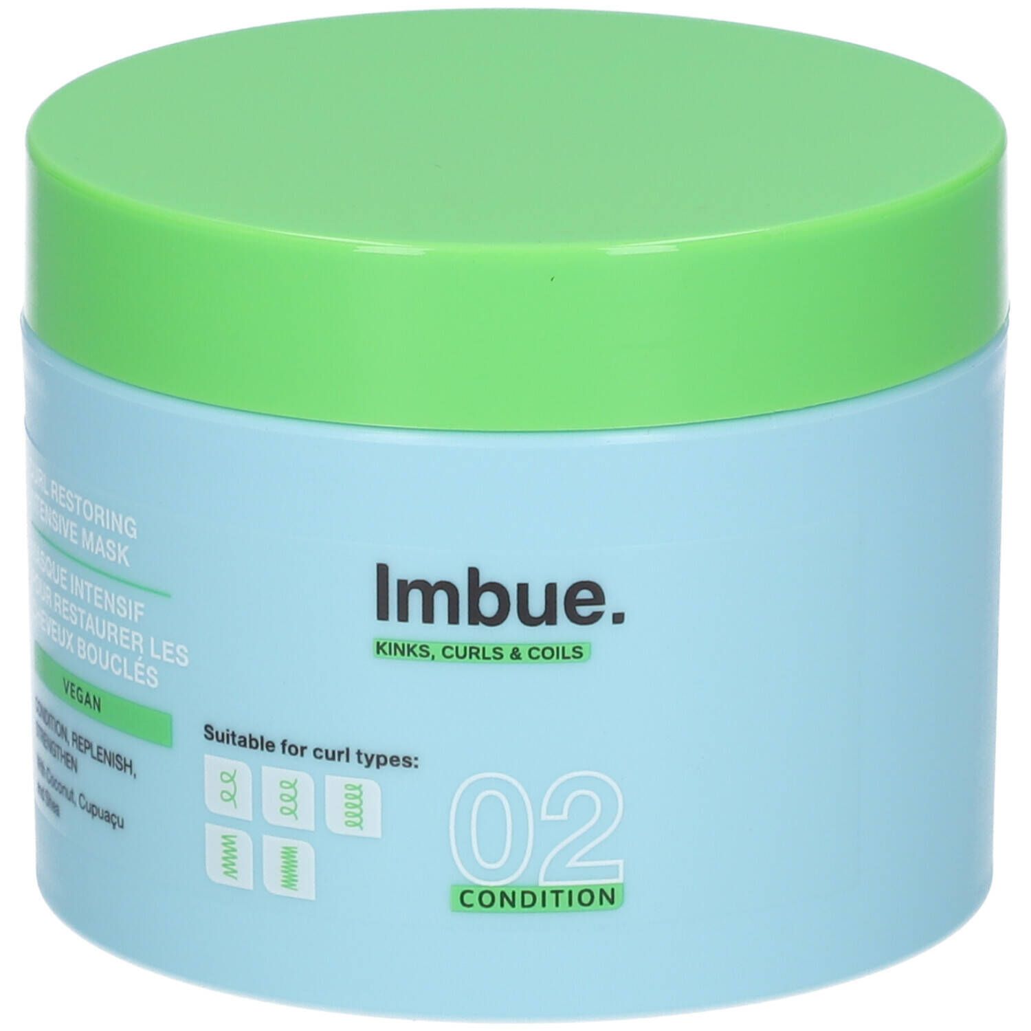 Pot bleu clair avec couvercle vert. Inscription : Imbue, Kinks, Curls & Coils. 02 Condition. Convient aux types de boucles.