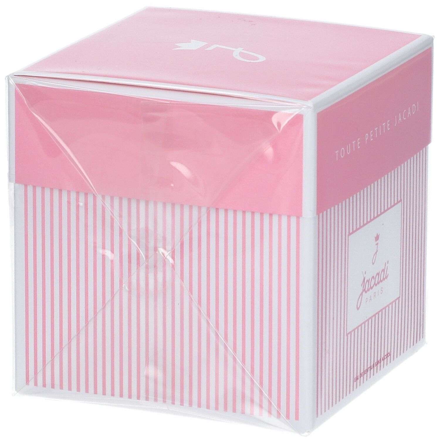 Roze doos met witte strepen. Bovenop staat "Toute Petite Jacadi". Onderop staat "Jacadi Paris".