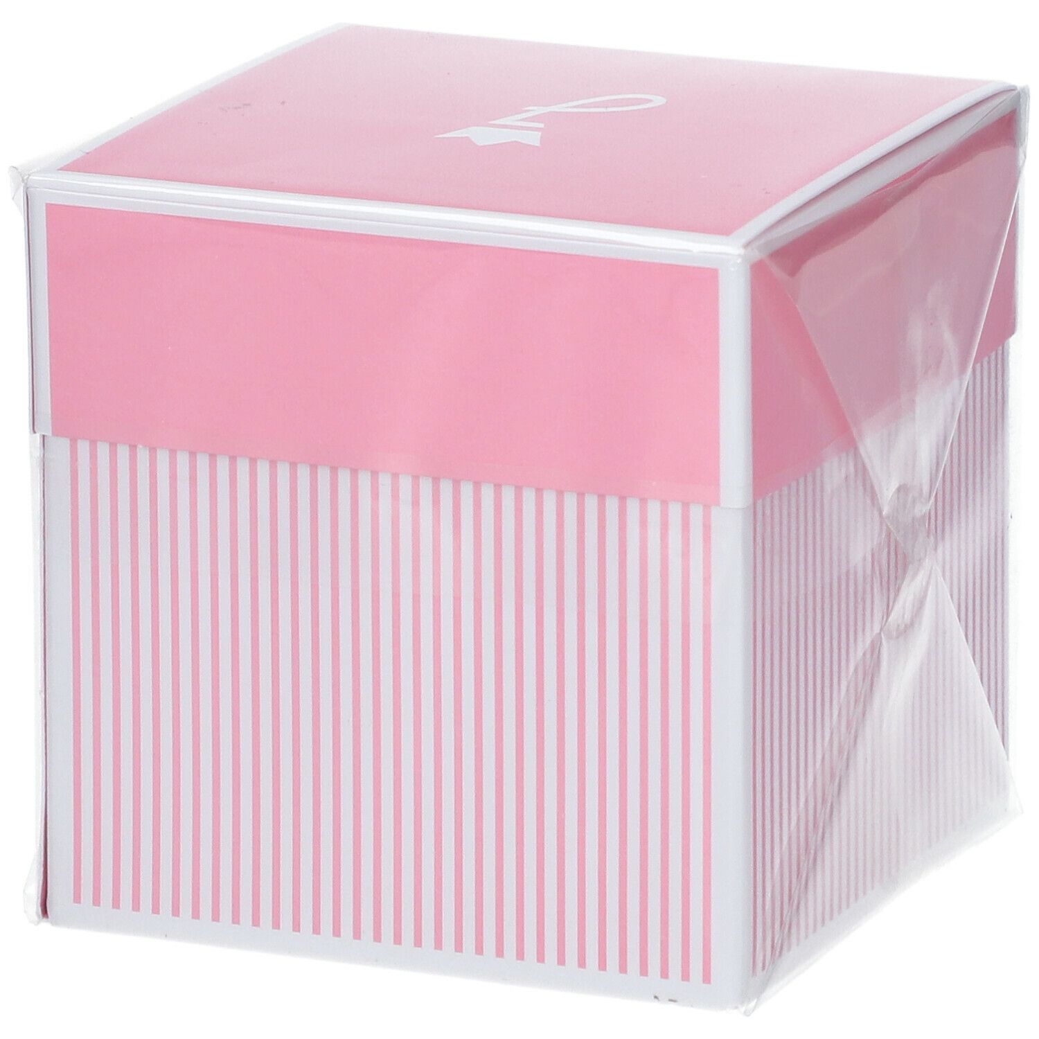 Roze doos met witte strepen. Bovenop staat "Toute Petite Jacadi". Onderop staat "Jacadi Paris".
