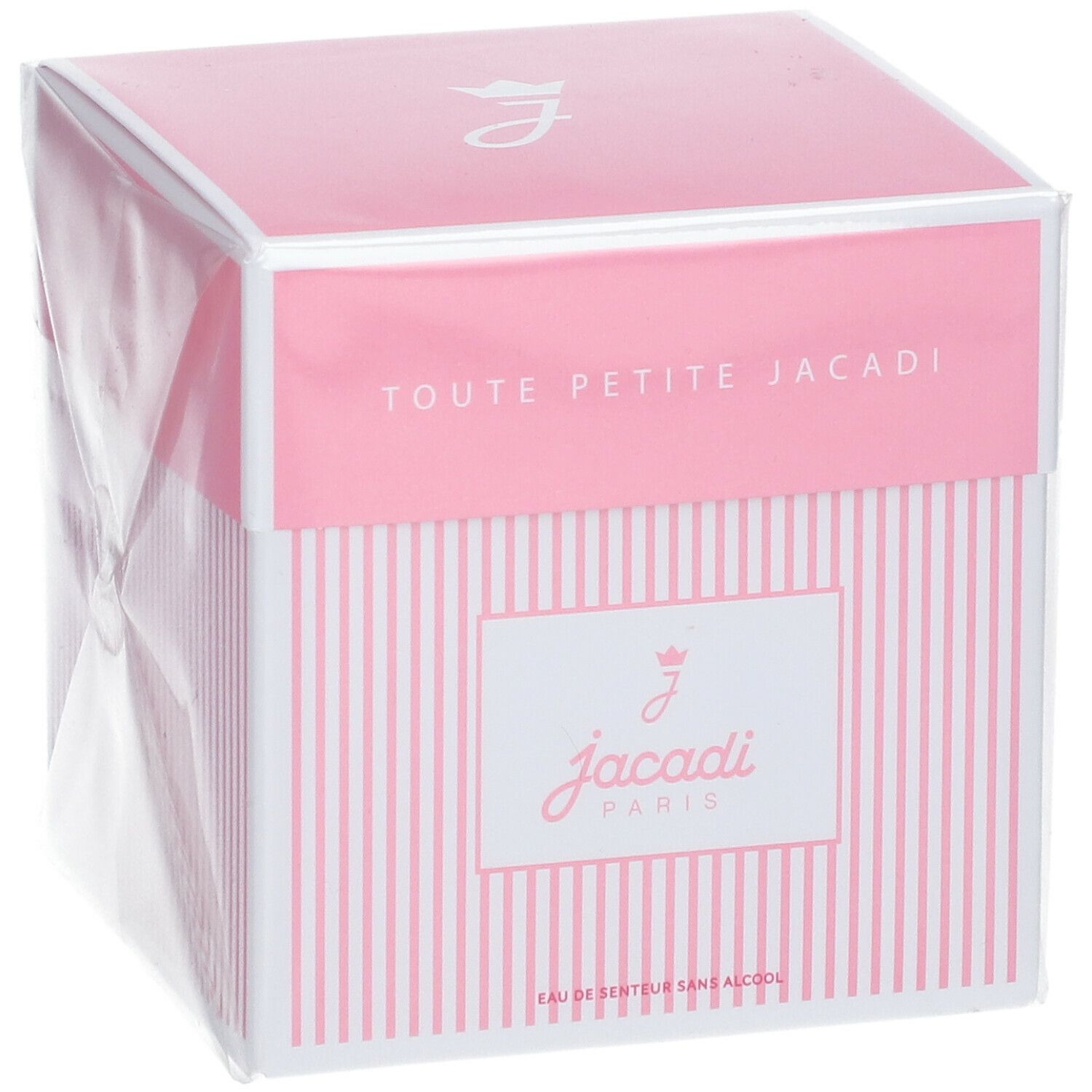 Roze doos met witte strepen. Bovenop staat "Toute Petite Jacadi". Onderop staat "Jacadi Paris".