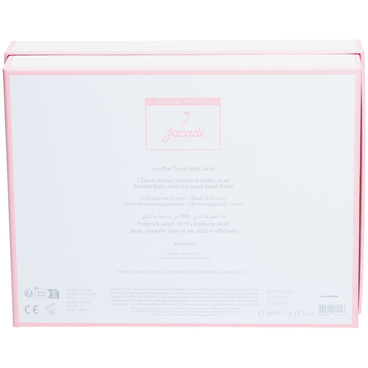 Achterkant van de geschenkverpakking. Tekst met productinformatie en Jacadi-logo. Roze en witte strepen.
