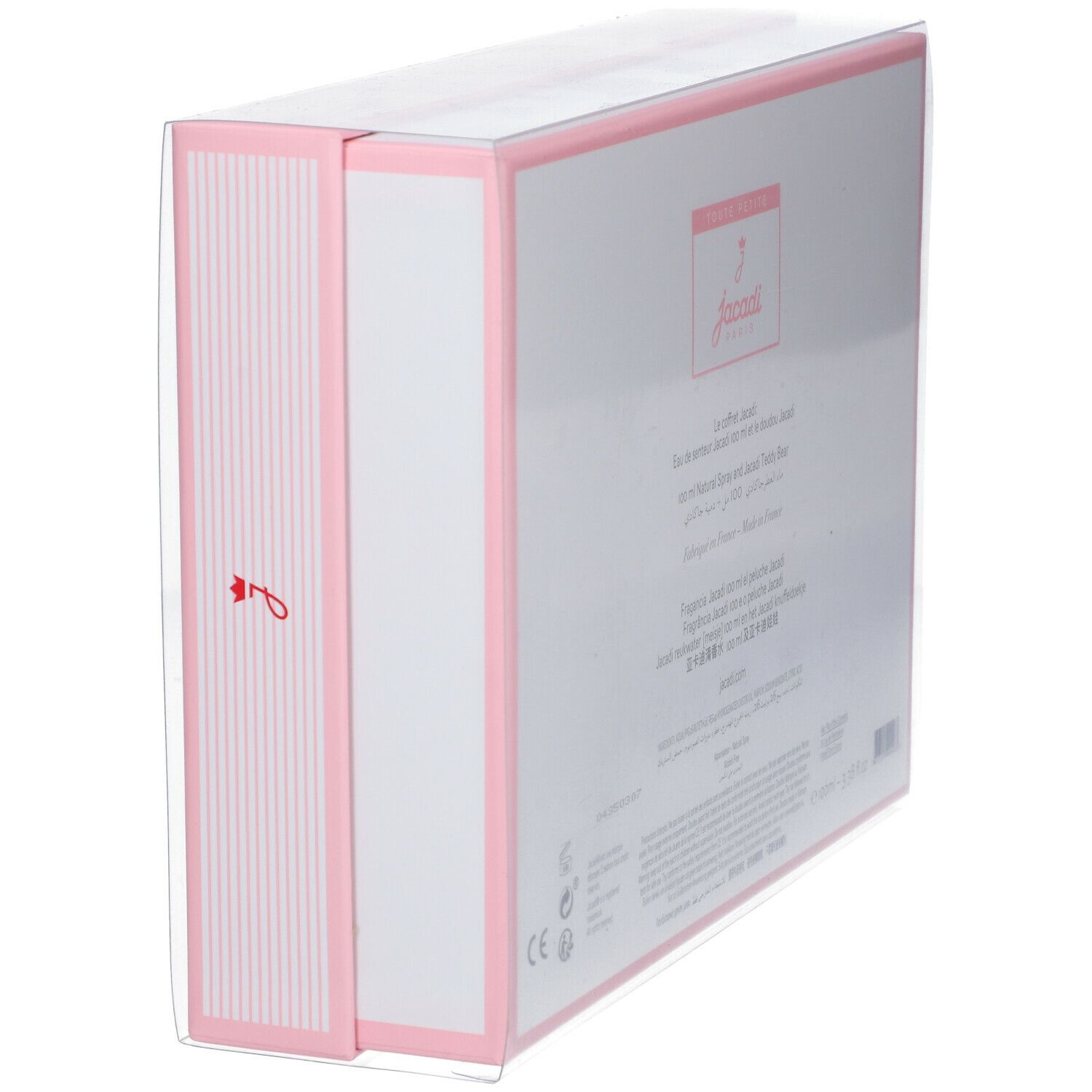 Cadeauverpakking in schuine stand met transparante hoes. Roze en witte strepen. Jacadi-logo.