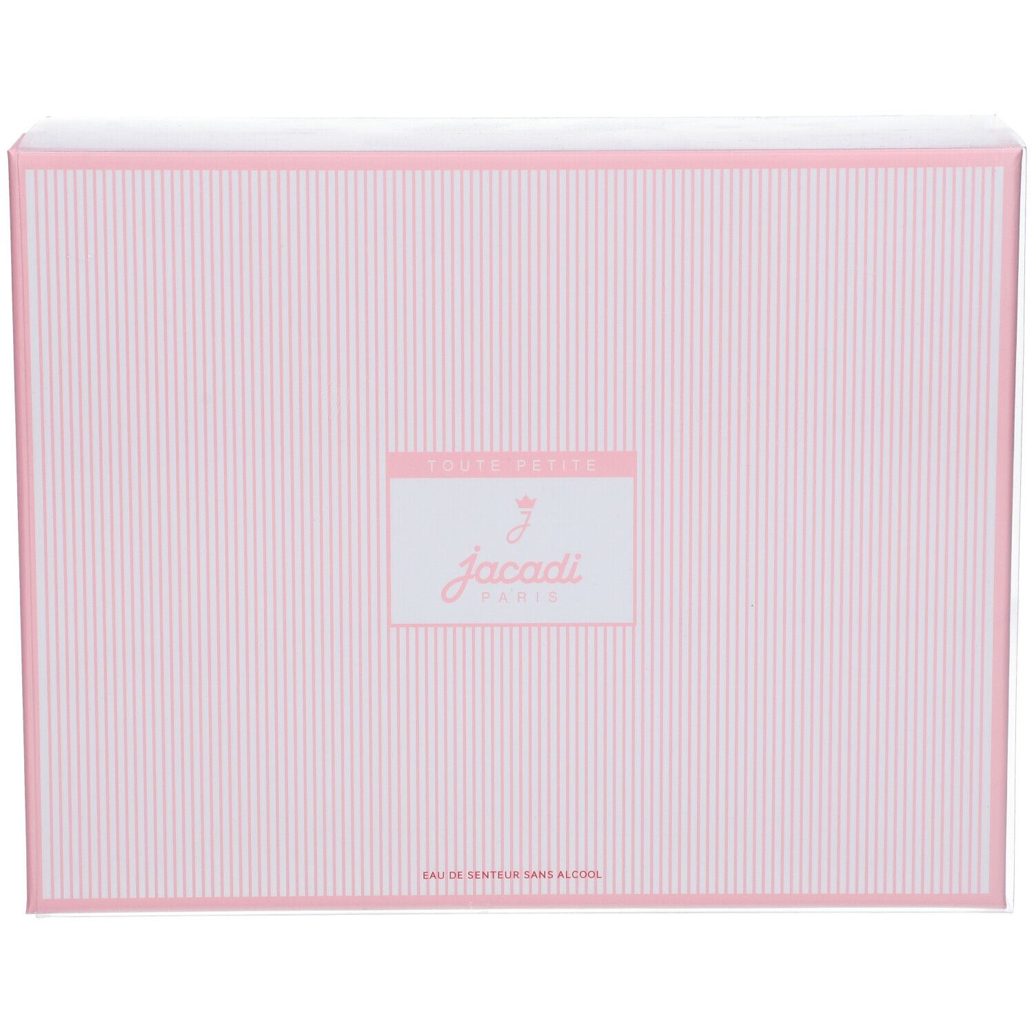 Gesloten cadeauverpakking met Jacadi-logo. Roze en witte strepen. Tekst: Eau de senteur sans alcool.