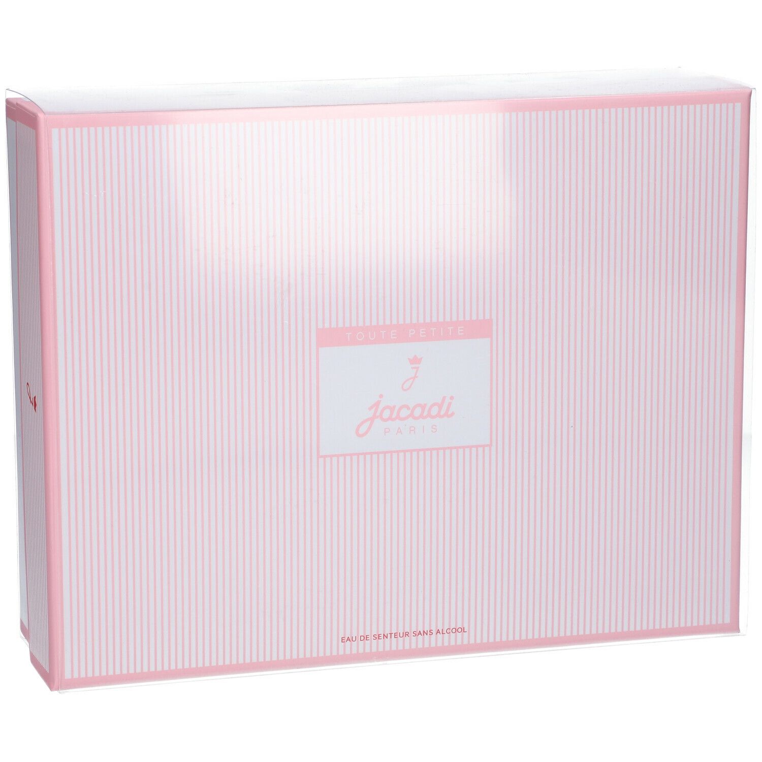 Gesloten cadeauverpakking met Jacadi-logo. Roze en witte strepen. Transparante hoes.