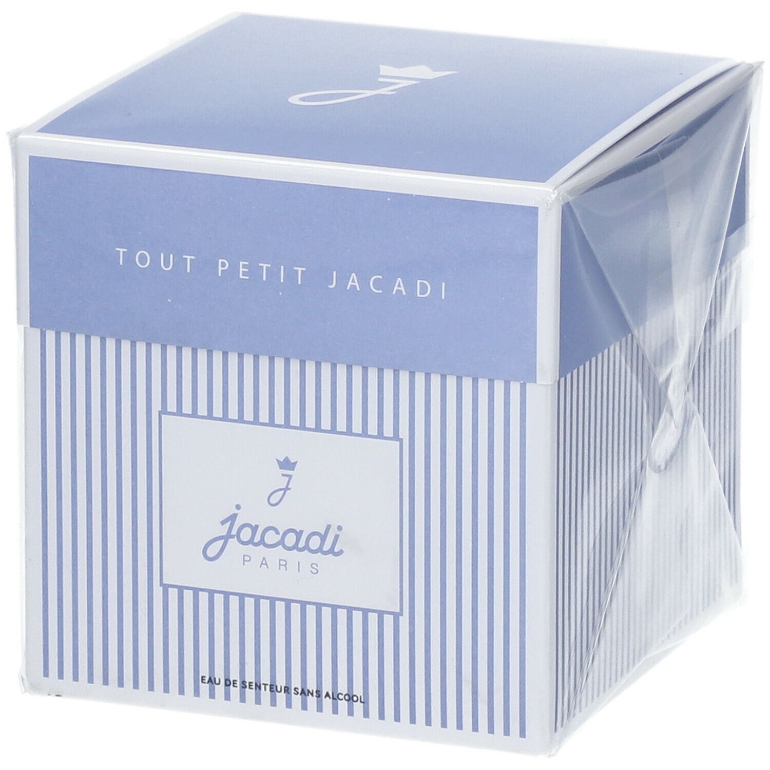Blauwe en witte vierkante doos met Jacadi-logo. Tekst: Tout Petit Jacadi, Eau de Senteur Sans Alcool. Plastic verpakking.