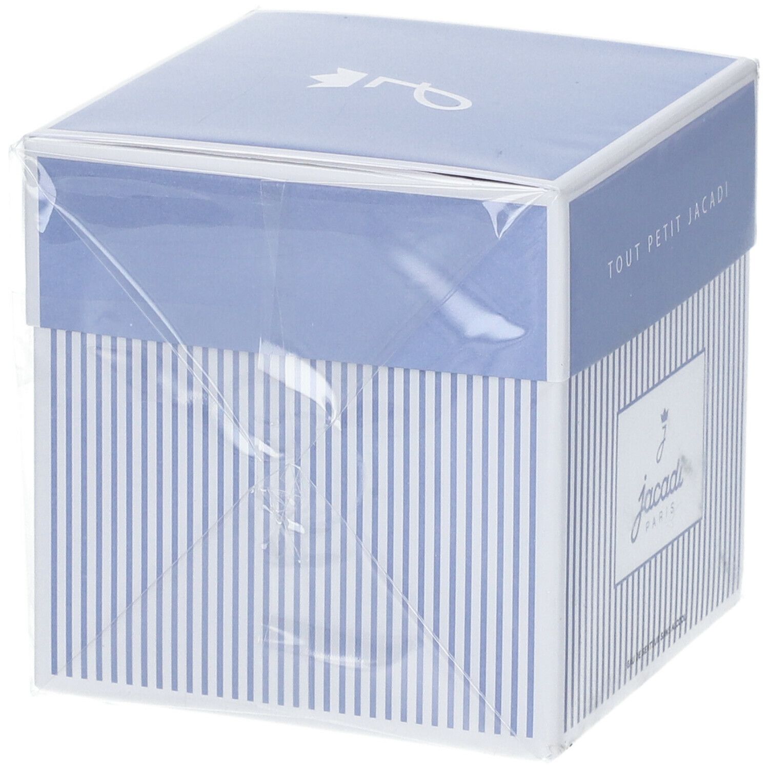 Blauwe en witte vierkante doos met Jacadi-logo. Tekst: Tout Petit Jacadi, Eau de Senteur Sans Alcool. Schuine weergave.