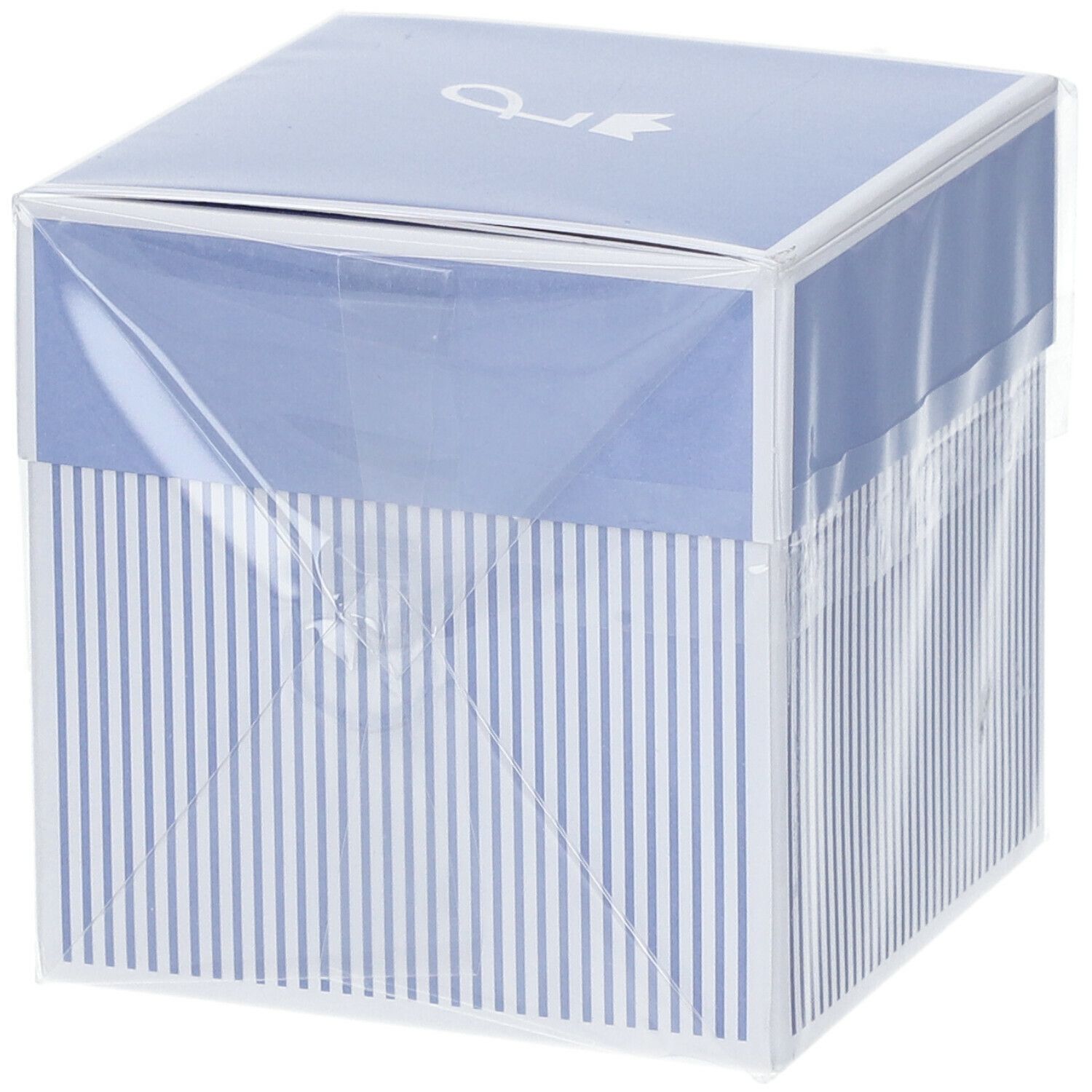 Blauwe en witte vierkante doos met Jacadi-logo. Tekst: Tout Petit Jacadi, Eau de Senteur Sans Alcool. Schuine weergave.