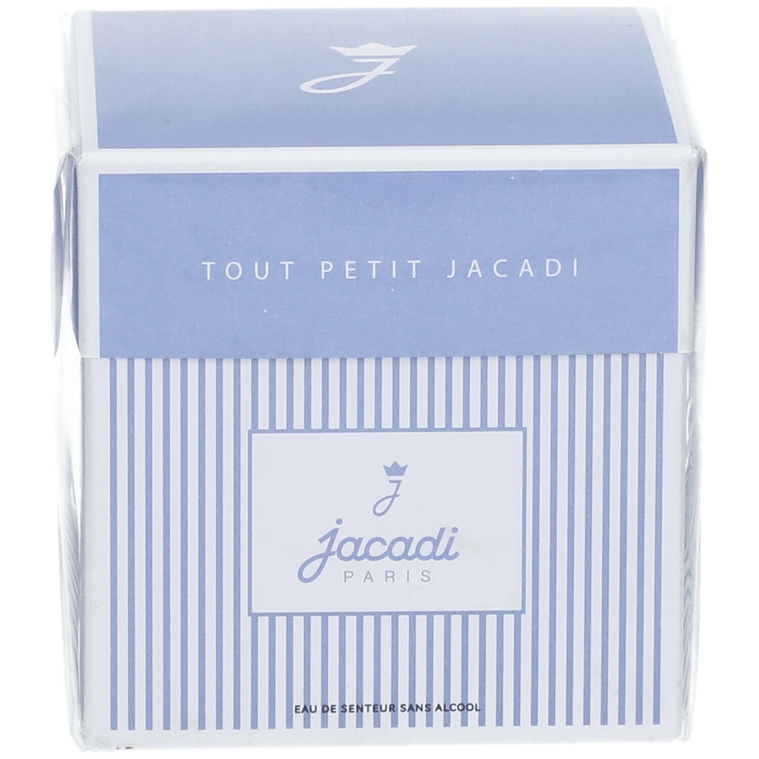 Blauwe en witte vierkante doos met Jacadi-logo. Tekst: Tout Petit Jacadi, Eau de Senteur Sans Alcool.