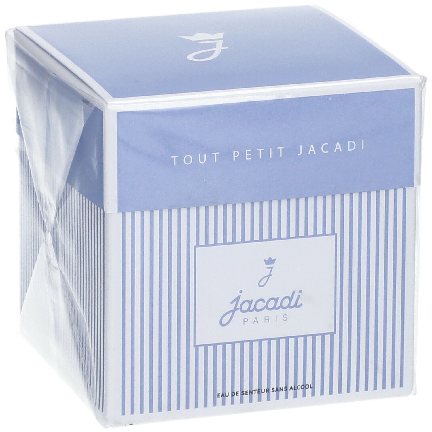 Blauwe en witte vierkante doos met Jacadi-logo. Tekst: Tout Petit Jacadi, Eau de Senteur Sans Alcool. Schuine weergave.