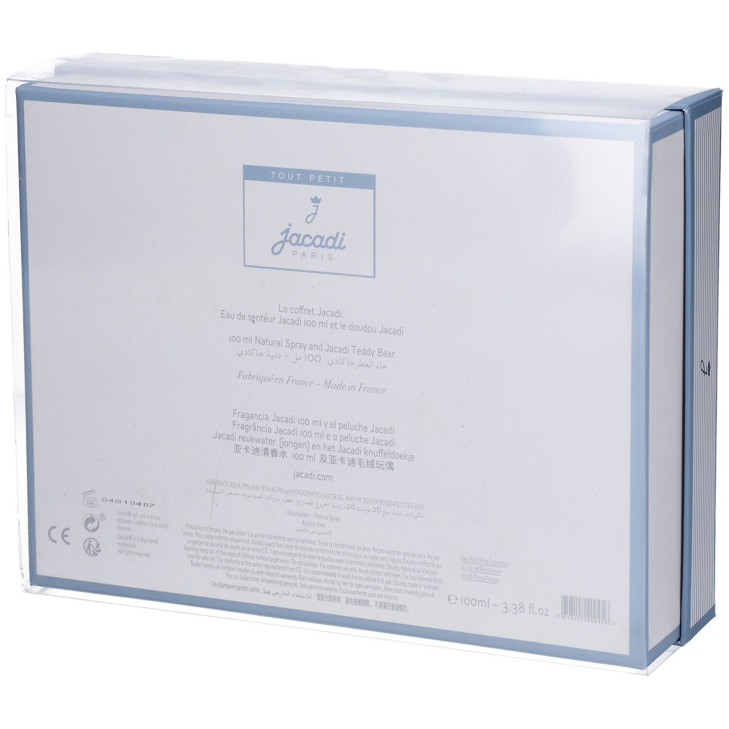 Dos de la boîte avec informations produit et logo Jacadi, emballé dans du plastique transparent.