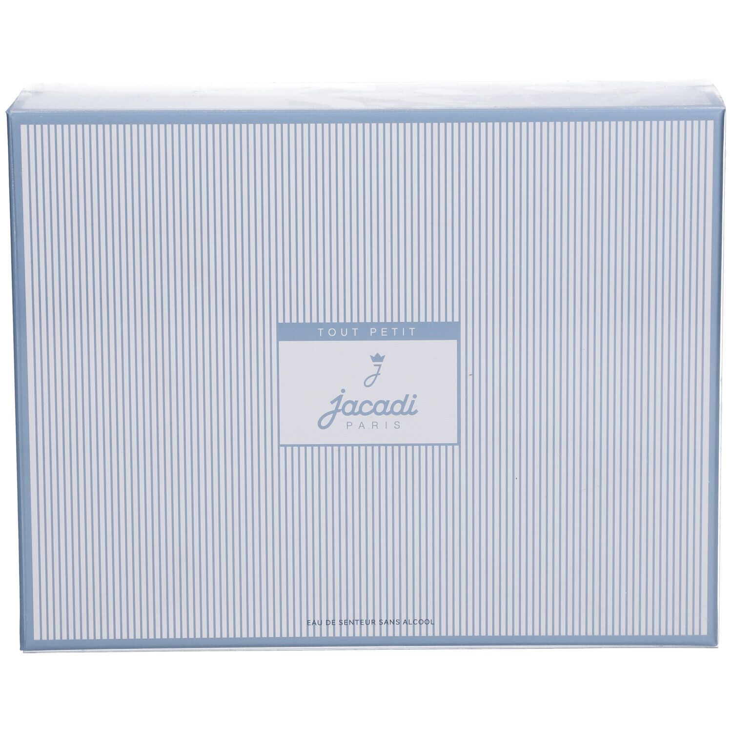 Boîte rayée bleu clair et blanche avec logo Jacadi, emballée dans du plastique transparent.