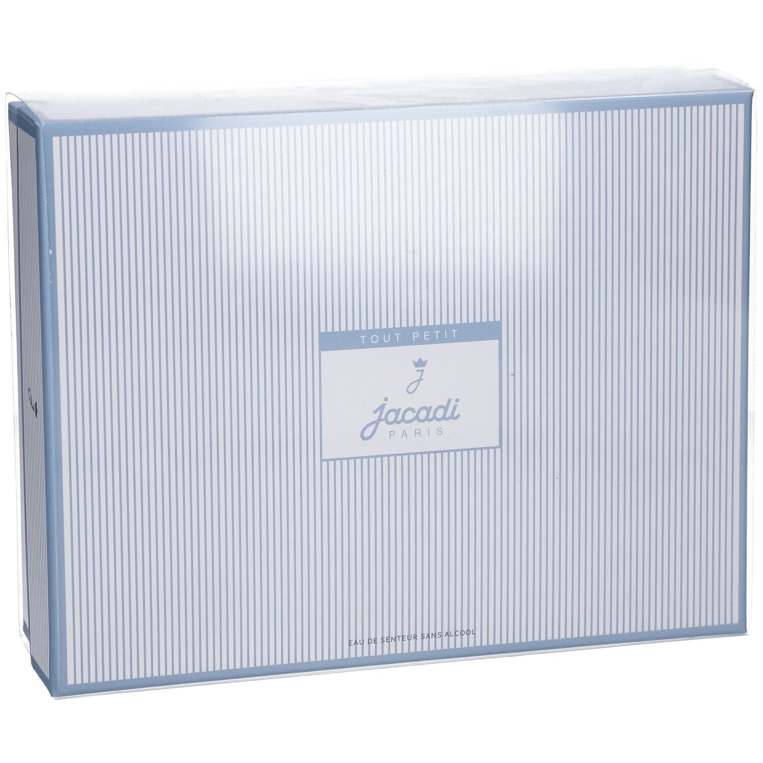 Boîte rayée bleu clair et blanche avec logo Jacadi, emballée dans du plastique transparent.
