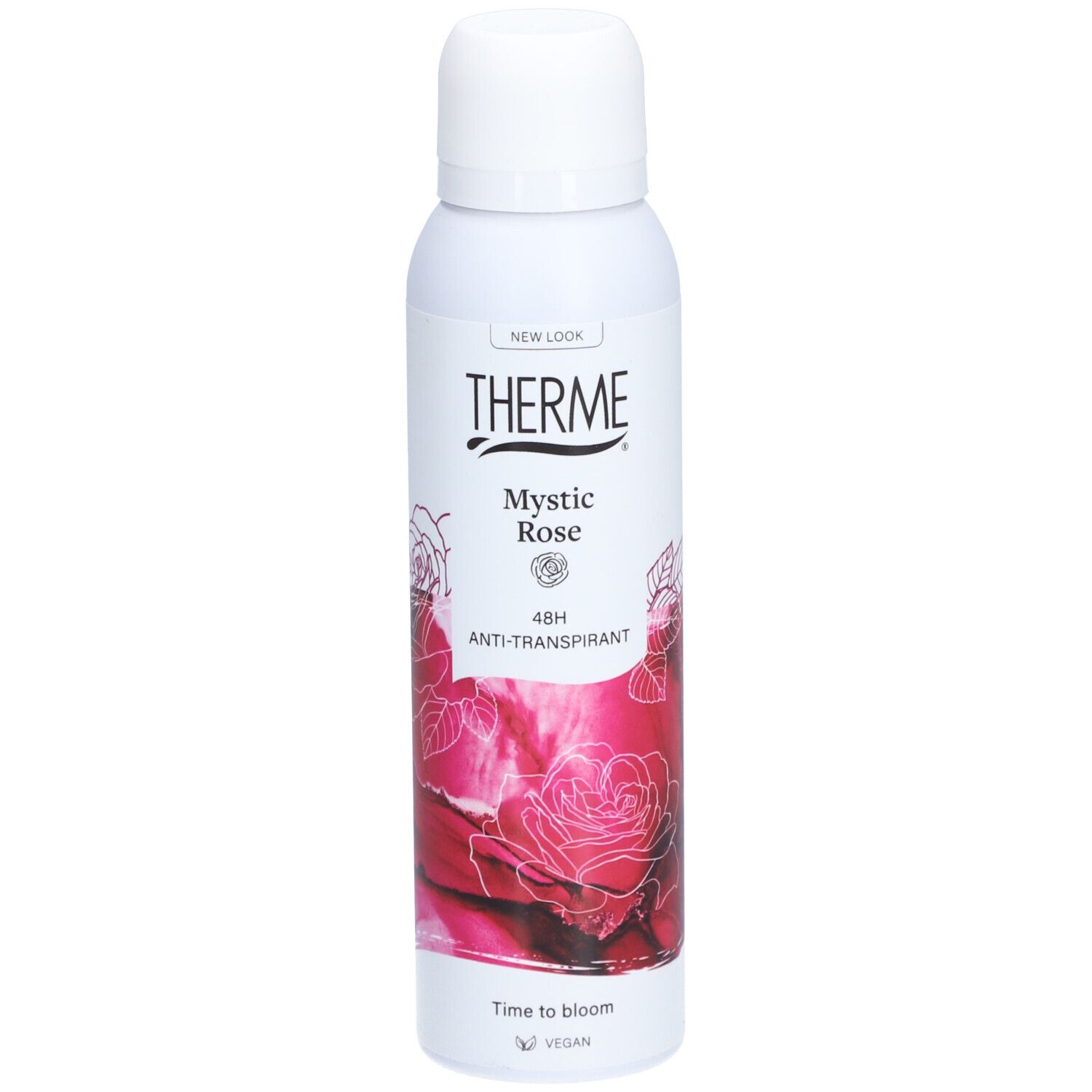 Witte deodorant spray met THERME logo, Mystic Rose, 48H anti-transpirant. Rozen design. Vegan.