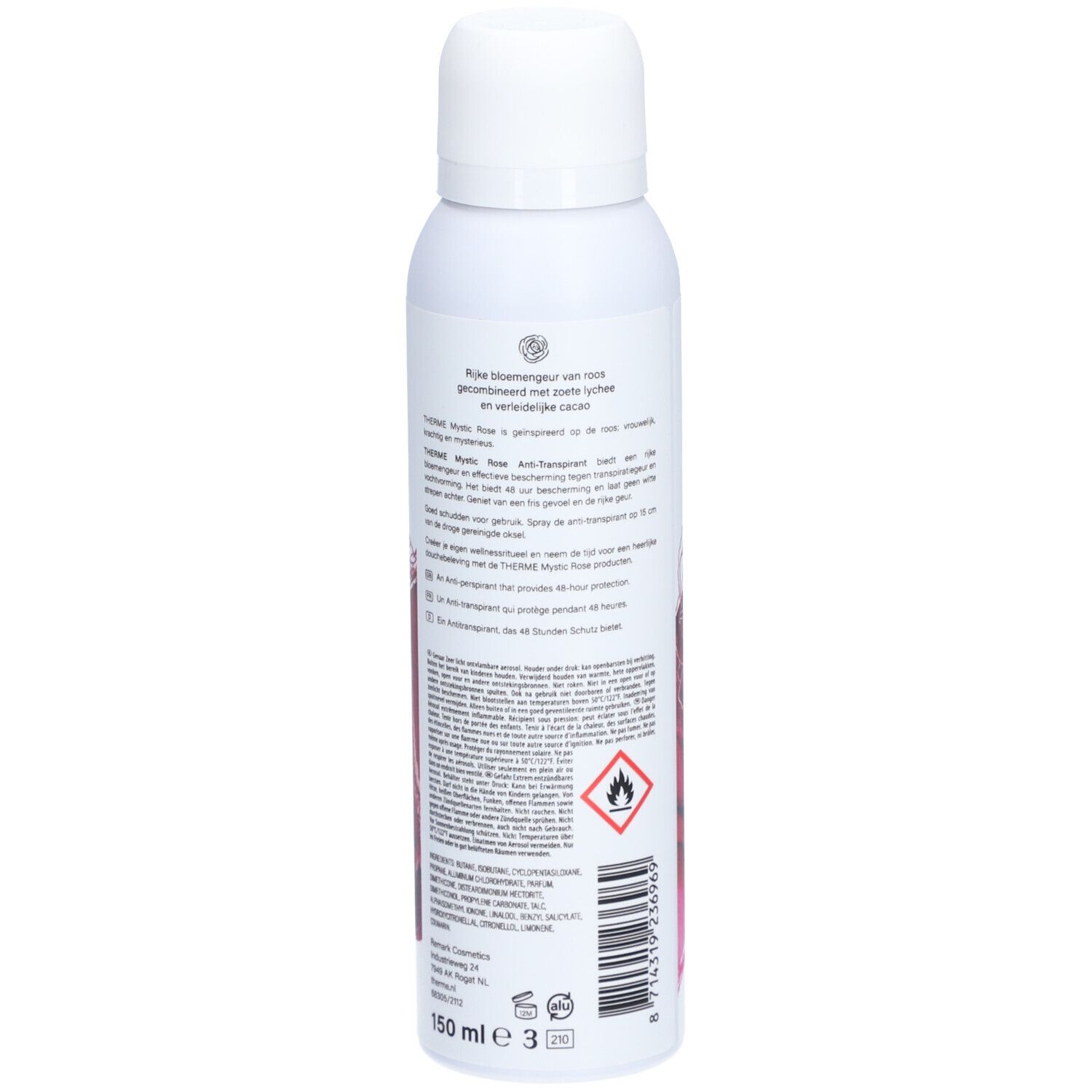Witte deodorant spray met productinformatie. Rozen design. Waarschuwing: licht ontvlambaar. 150 ml.