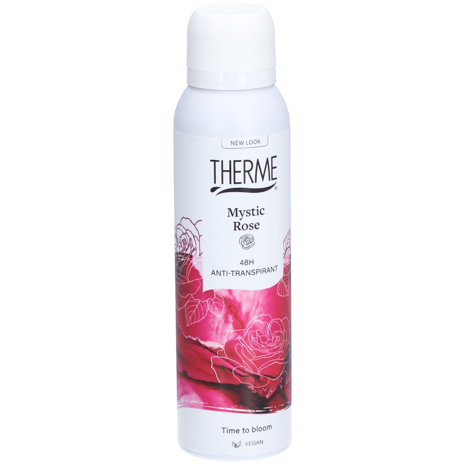 Witte deodorant spray met THERME logo, Mystic Rose, 48H anti-transpirant. Rozen design. Vegan.