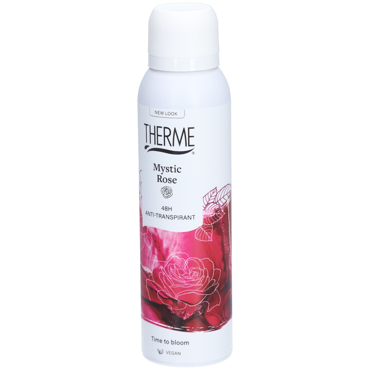 Witte deodorant spray met THERME logo, Mystic Rose, 48H anti-transpirant. Rozen design. Vegan.