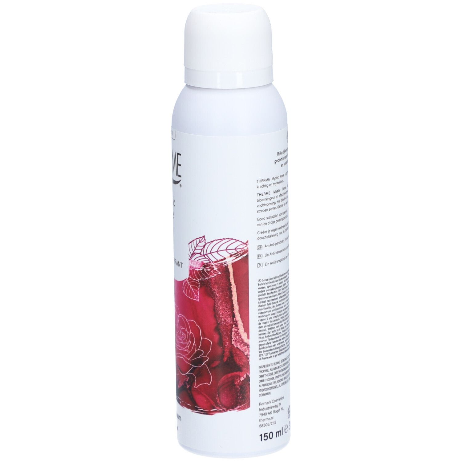 Witte deodorant spray met productinformatie. Rozen design. Waarschuwing: licht ontvlambaar. 150 ml.