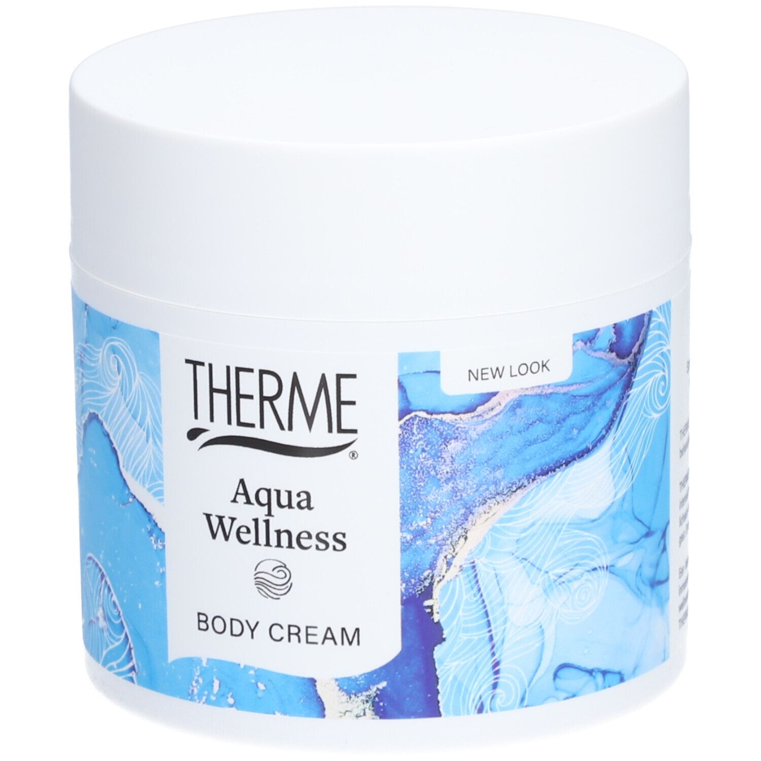 Weißer Tiegel mit blauem Design. Aufschrift THERME Aqua Wellness BODY CREAM. Aufkleber NEW LOOK.