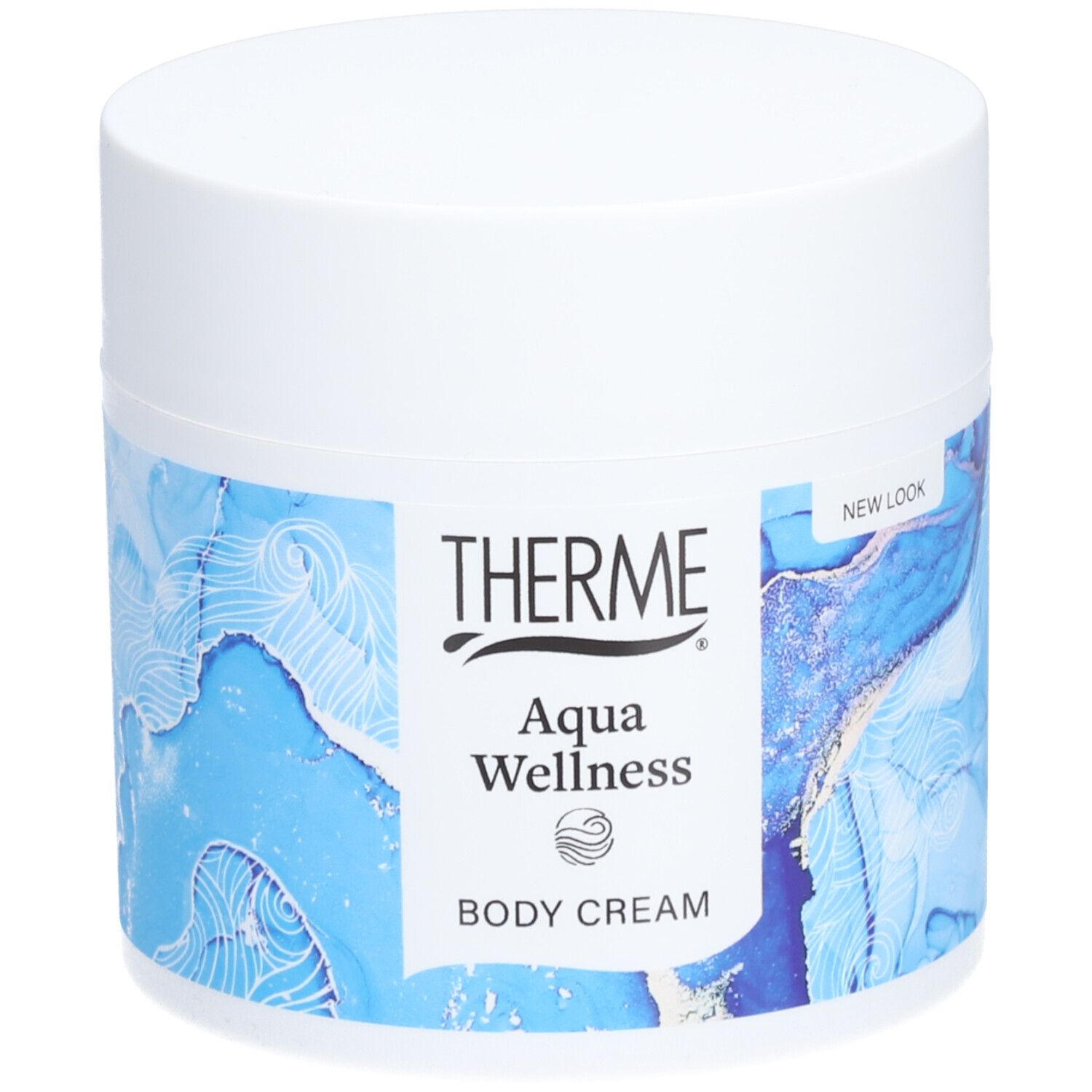 Weißer Tiegel mit blauem Design. Aufschrift THERME Aqua Wellness BODY CREAM. Aufkleber NEW LOOK.