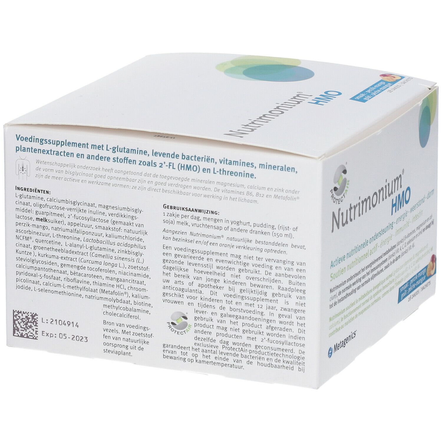 Doos "Nutrimonium HMO". Ingrediëntenlijst, QR-code, vervaldatum. Tekst: Voedingssupplement met L-glutamine, levende bacteriën, vitaminen.