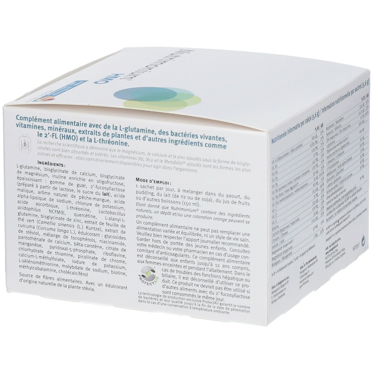 Achterkant van de "Nutrimonium HMO"-doos. Tekst: Voedingssupplement met L-glutamine, levende bacteriën, vitaminen, mineralen.
