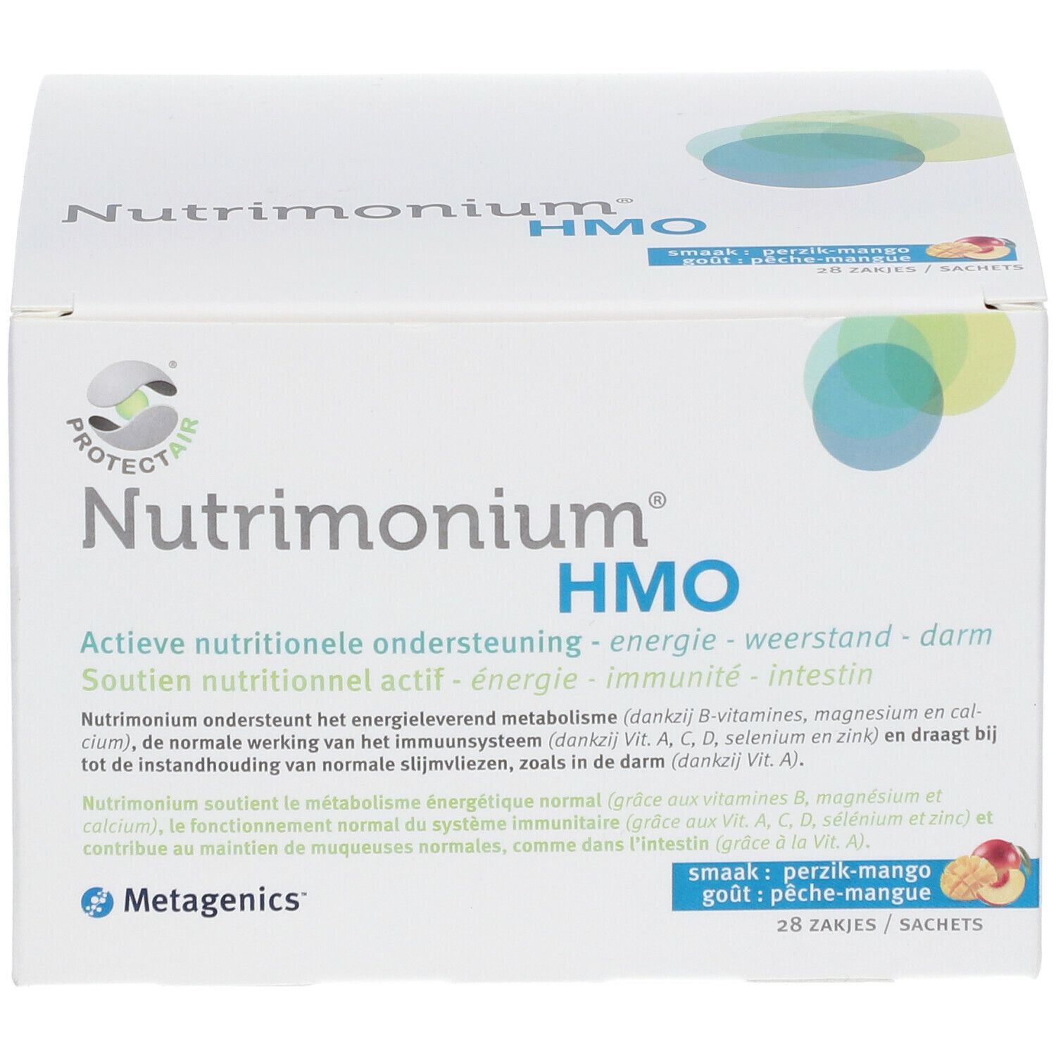 Witte doos "Nutrimonium HMO". Tekst: Actieve nutritionele ondersteuning, energie, weerstand, darm. Smaak: perzik-mango. 28 zakjes.