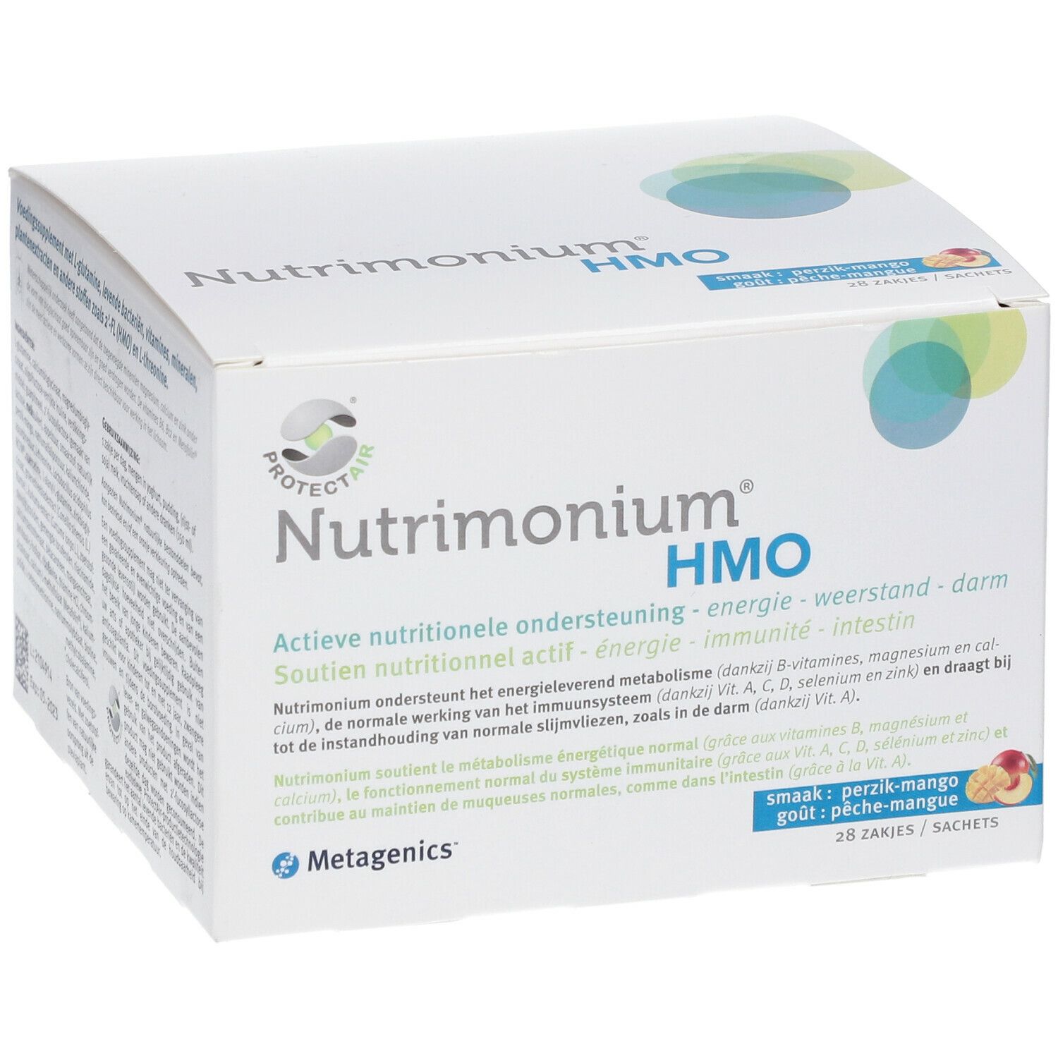Witte doos "Nutrimonium HMO". Tekst: Actieve nutritionele ondersteuning, energie, weerstand, darm. Smaak: perzik-mango. 28 zakjes.