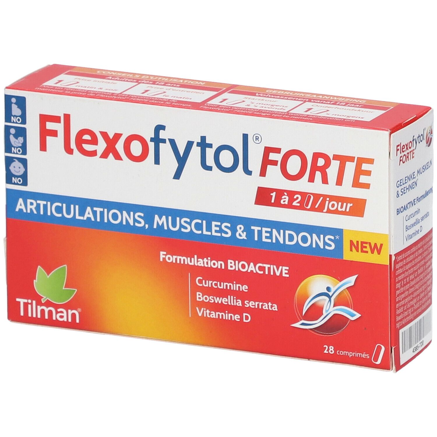 Verpakking van Flexofytol Forte. Bevat 28 tabletten. Opschrift: Gewrichten, spieren & pezen. Bevat curcumine, Boswellia serrata, vitamine D.