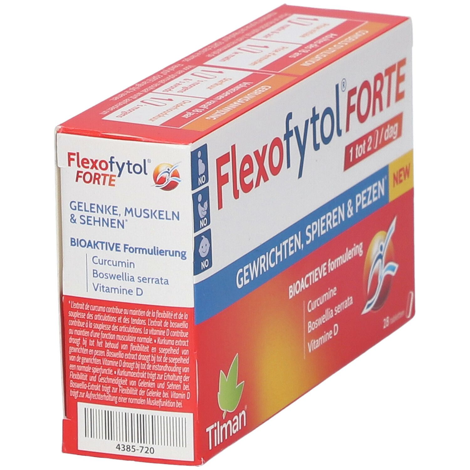 Verpakking van Flexofytol Forte. Bevat 28 tabletten. Opschrift: Gewrichten, spieren & pezen. Bevat curcumine, Boswellia serrata, vitamine D.