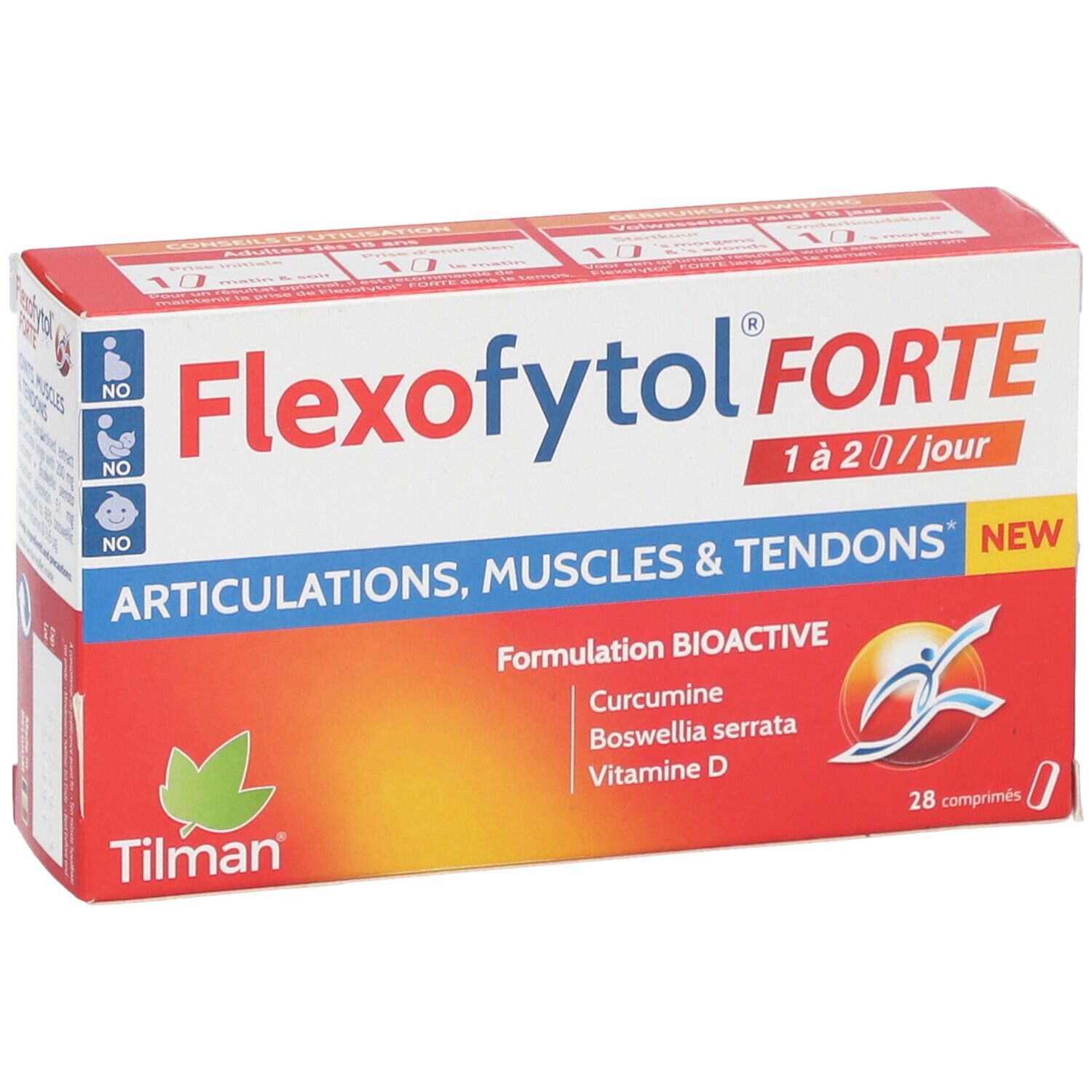 Verpakking van Flexofytol Forte. Bevat 28 tabletten. Opschrift: Gewrichten, spieren & pezen. Bevat curcumine, Boswellia serrata, vitamine D.