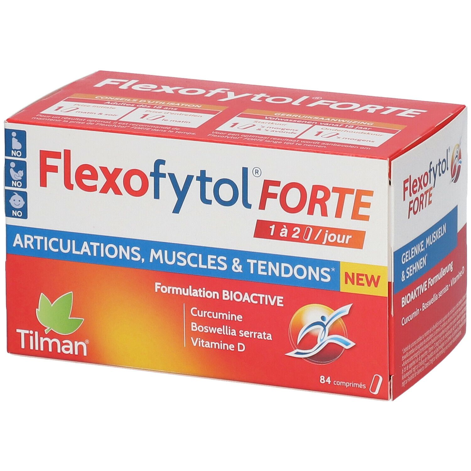 Flexofytol Forte verpakking. Rode en witte doos met productnaam en ingrediënten. Bevat 84 tabletten.