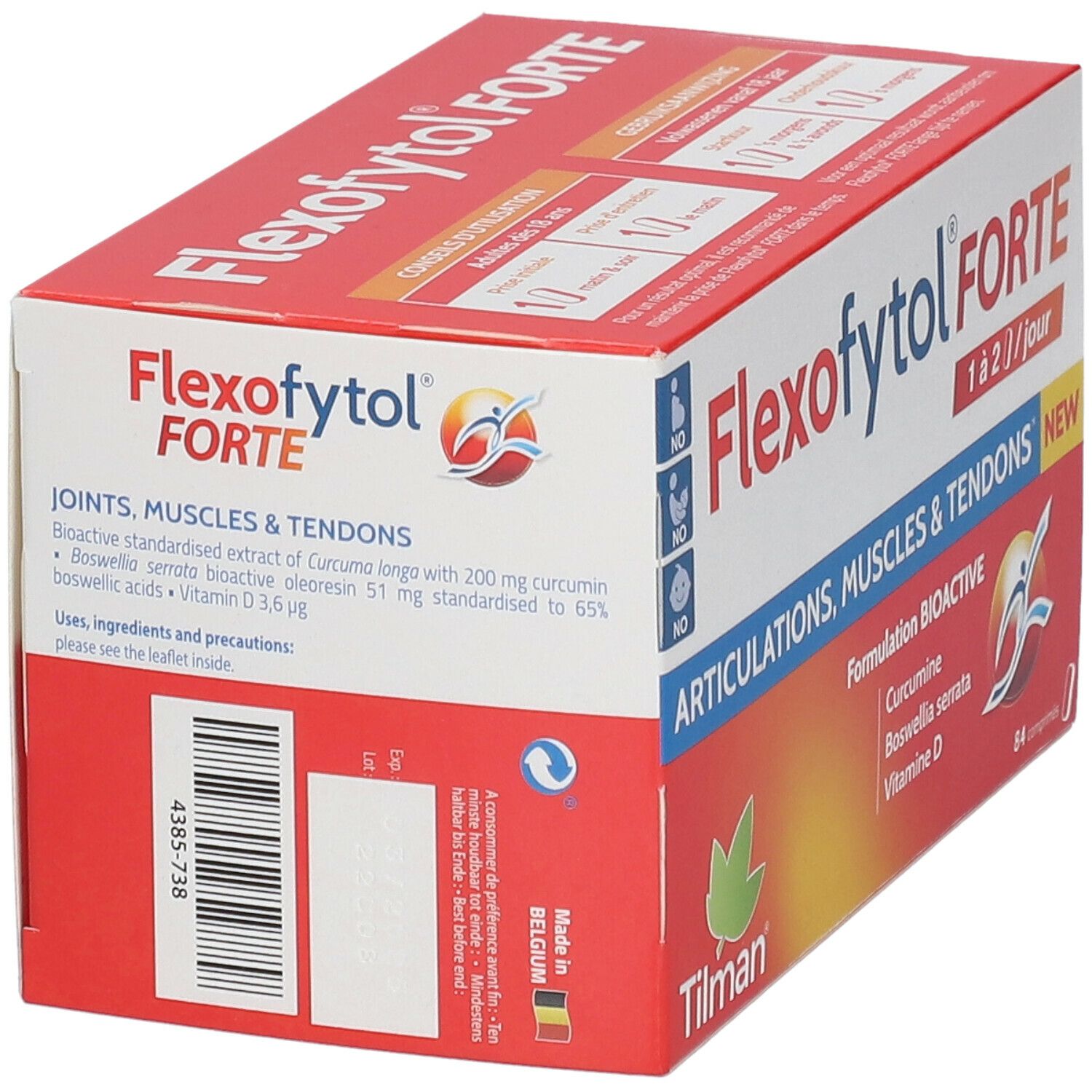 Flexofytol Forte verpakking. Rode en witte doos met productinfo en barcode. Gemaakt in België.