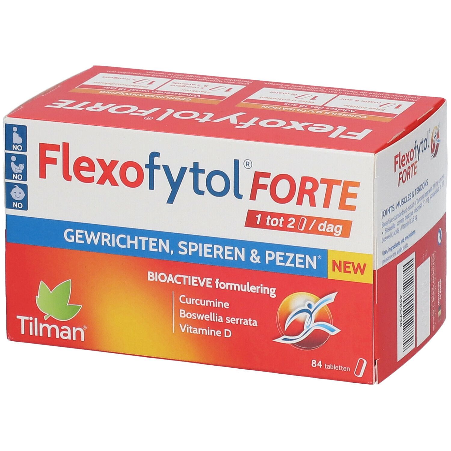 Flexofytol Forte verpakking. Rode en witte doos met productnaam en ingrediënten. Bevat 84 tabletten.