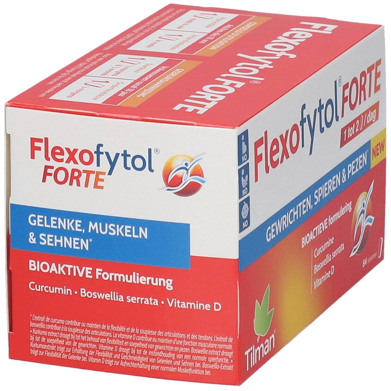 Flexofytol Forte verpakking. Rode en witte doos met productinfo en ingrediënten. 84 tabletten.