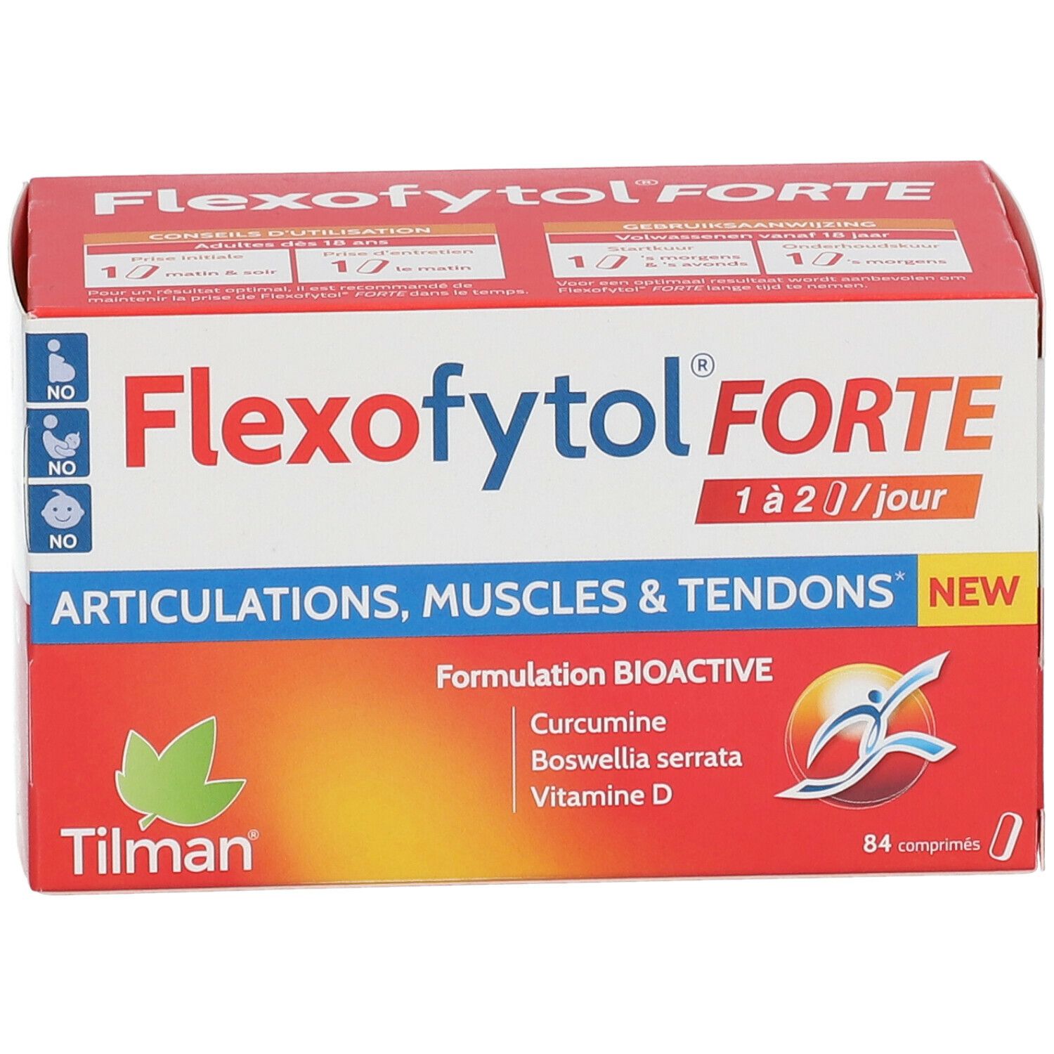 Flexofytol Forte verpakking. Rode en witte doos met productnaam en ingrediënten. Bevat 84 tabletten.