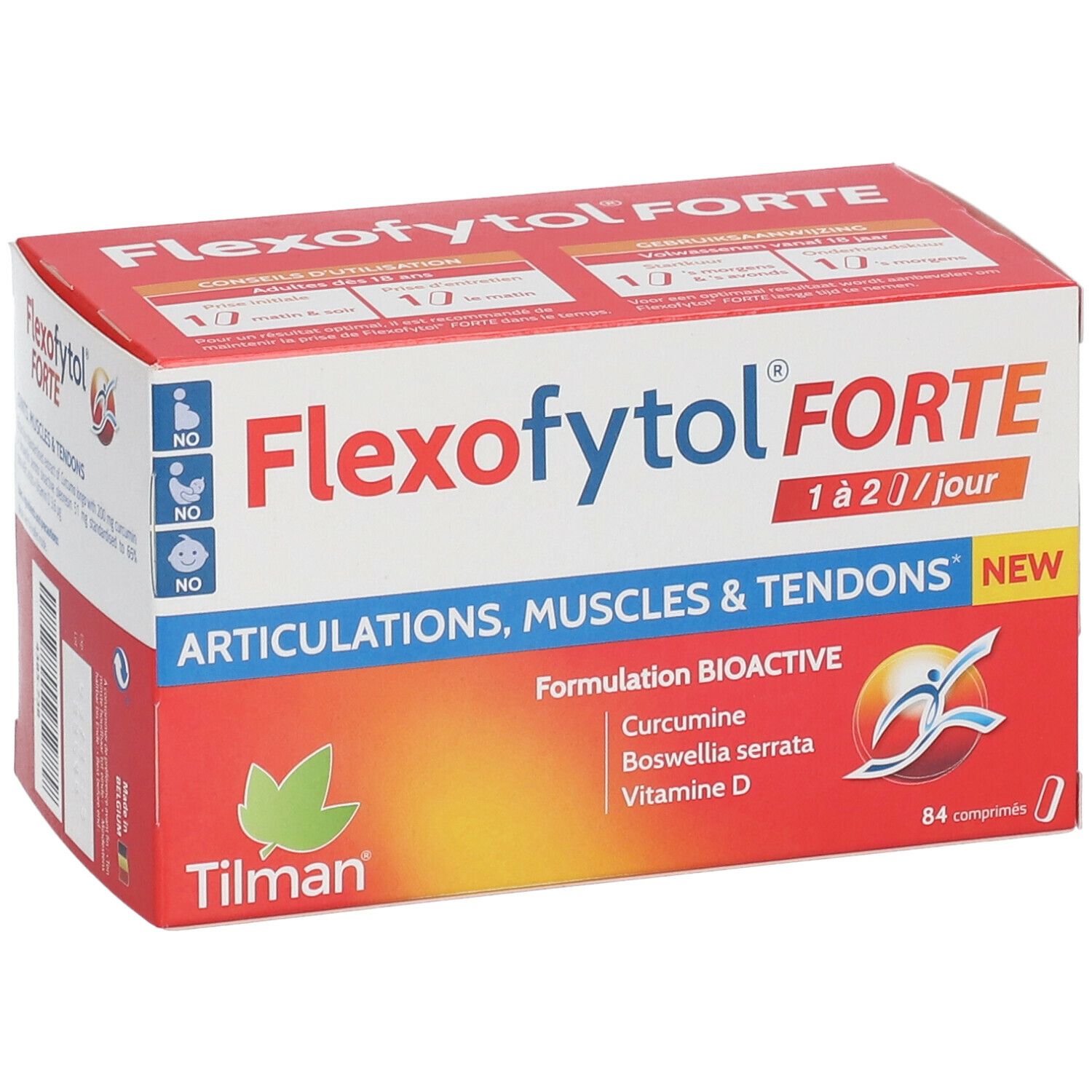 Flexofytol Forte verpakking. Rode en witte doos met productnaam en ingrediënten. Bevat 84 tabletten.