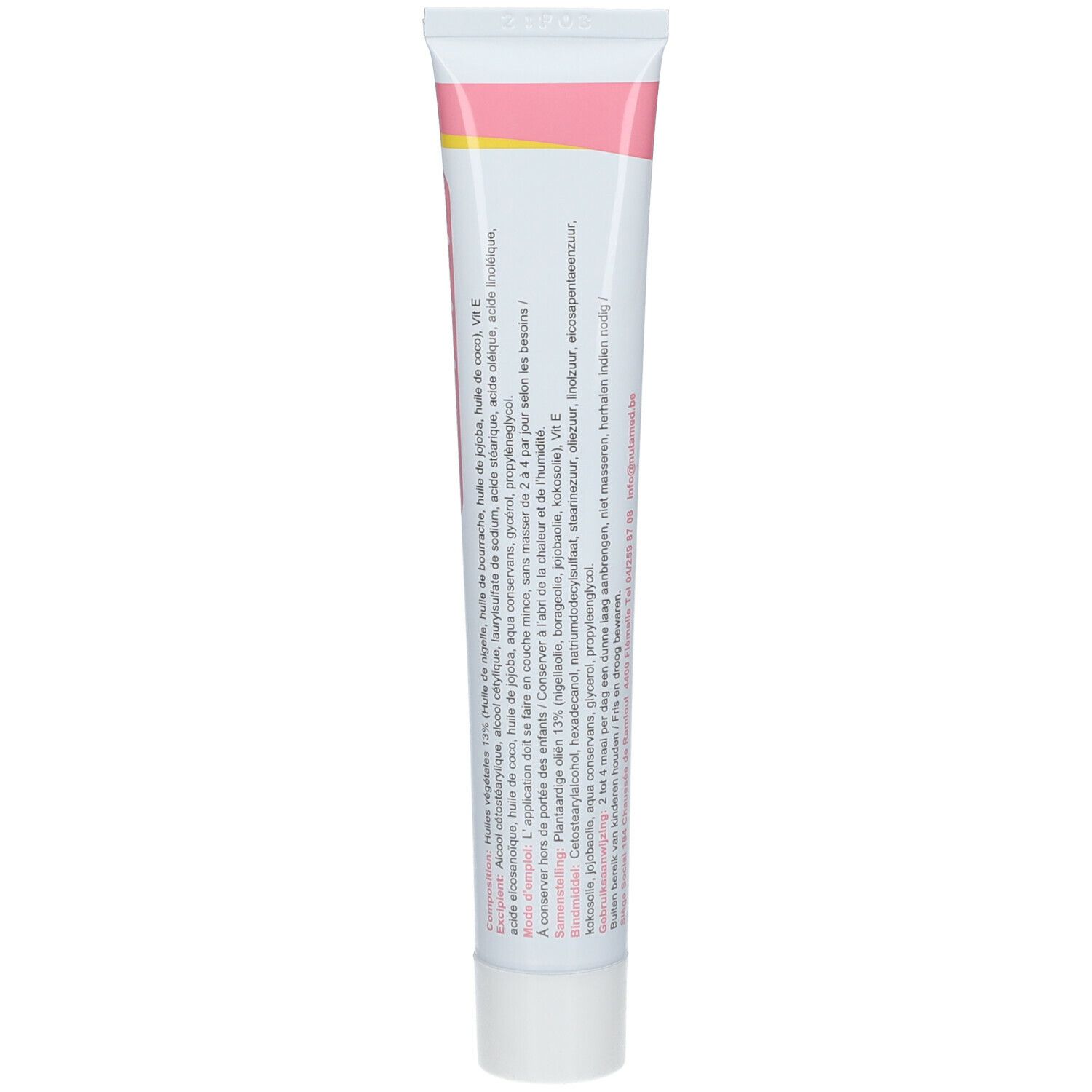 Rückseite der Creme-Tube. Text mit Inhaltsstoffen und Anwendungshinweisen. Weißer Hintergrund.