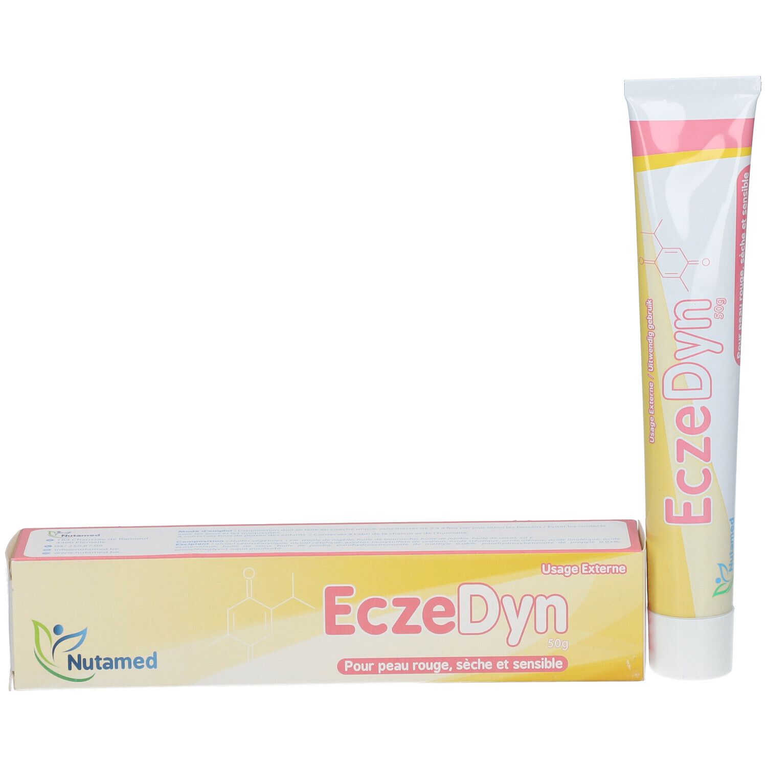 Verpackung und Tube EczeDyn. Verpackung gelb mit rosa Akzenten. Tube steht daneben.
