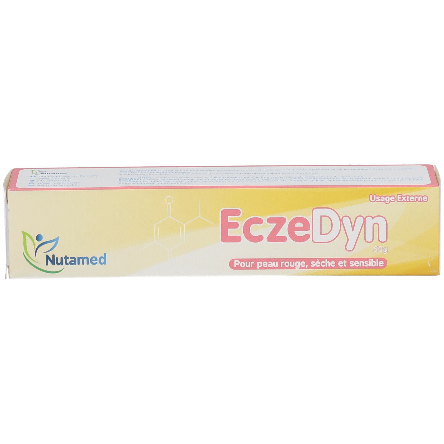 Gelbe Verpackung mit rosa Akzenten. Aufschrift: EczeDyn. Für rote, trockene und empfindliche Haut.