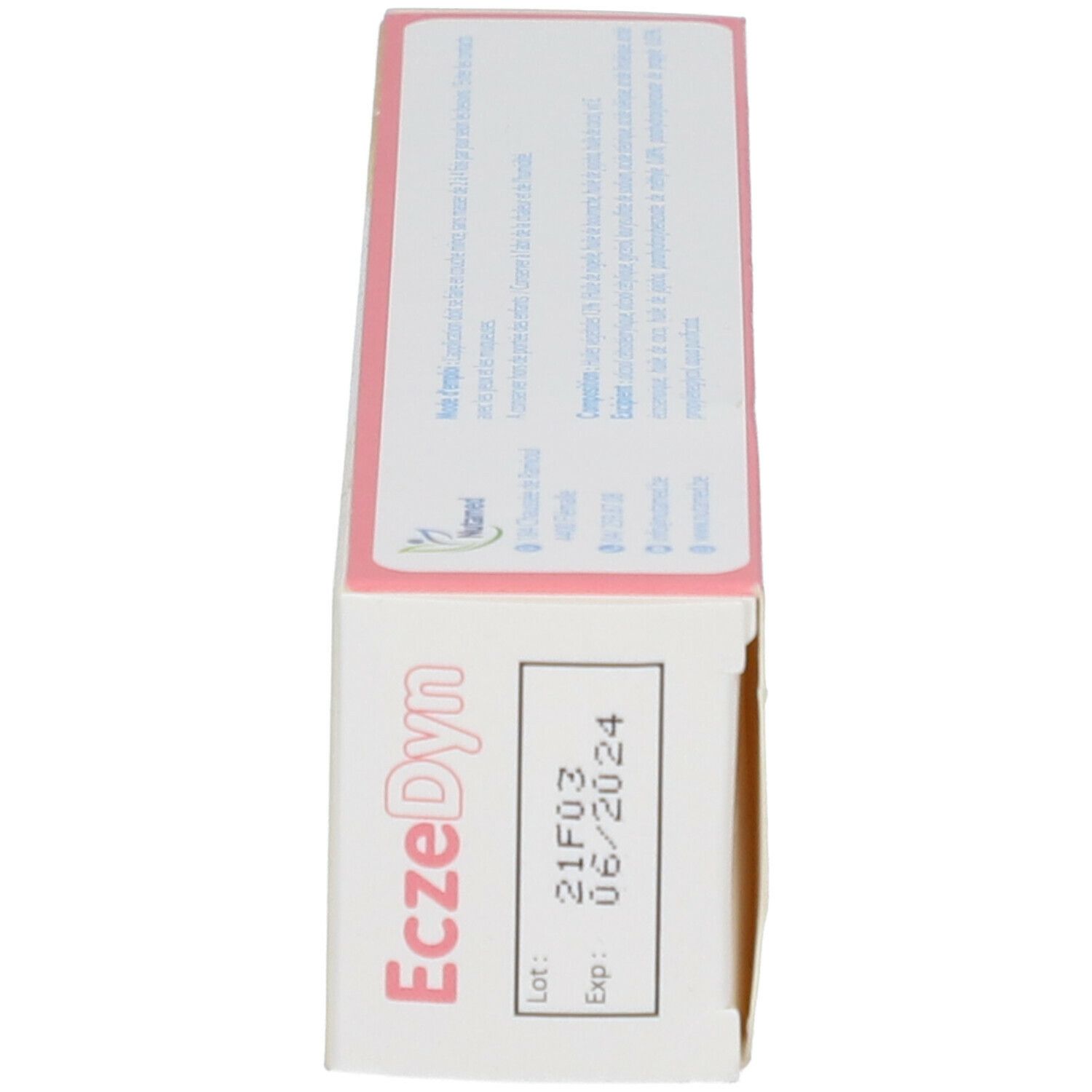 Seitenansicht der Verpackung. Aufschrift: EczeDyn. Los- und Verfallsdatum.