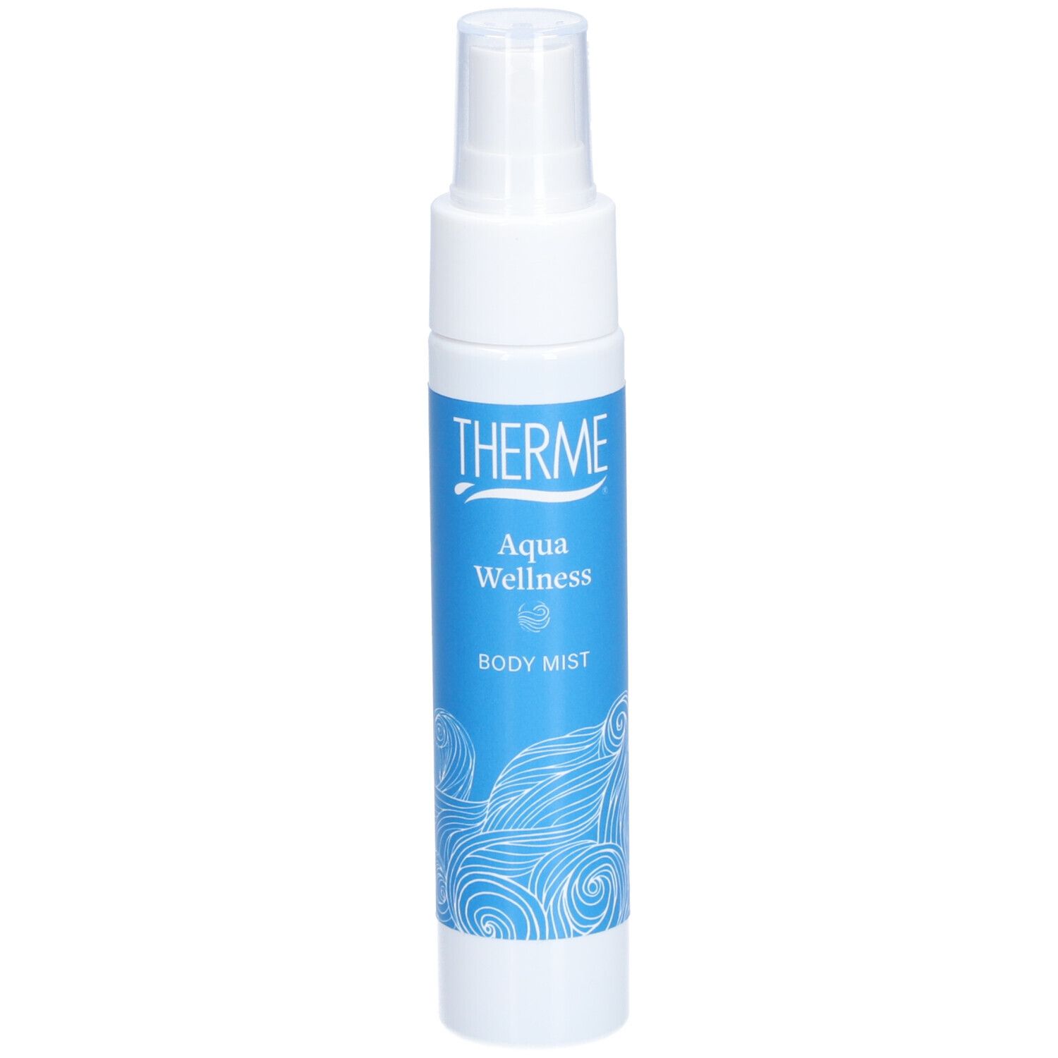 THERME Aqua Wellness Körperspray. Weiße Flasche mit blauem Etikett. Wellenmuster. Sprühkopf.