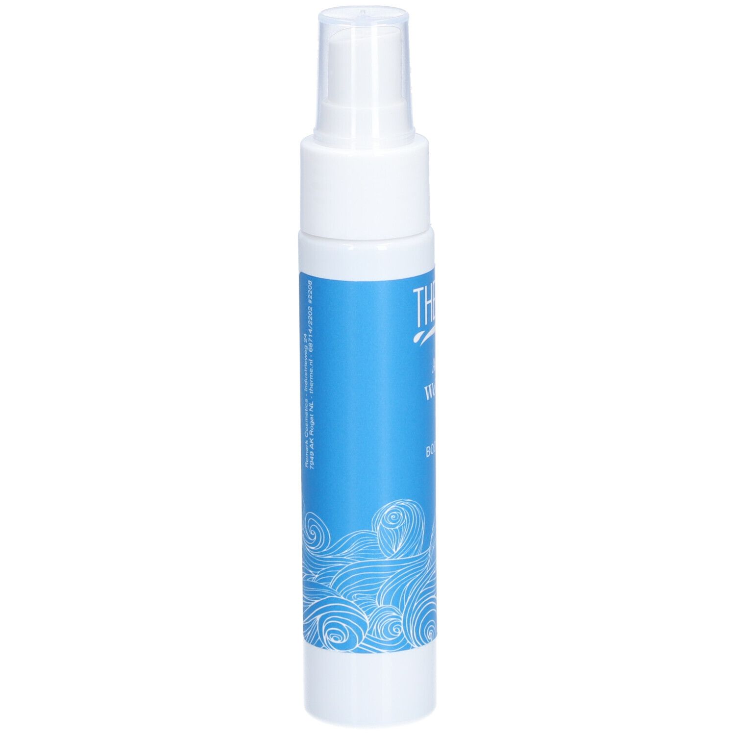 THERME Aqua Wellness Körperspray. Weiße Flasche mit blauem Etikett. Wellenmuster. Sprühkopf.
