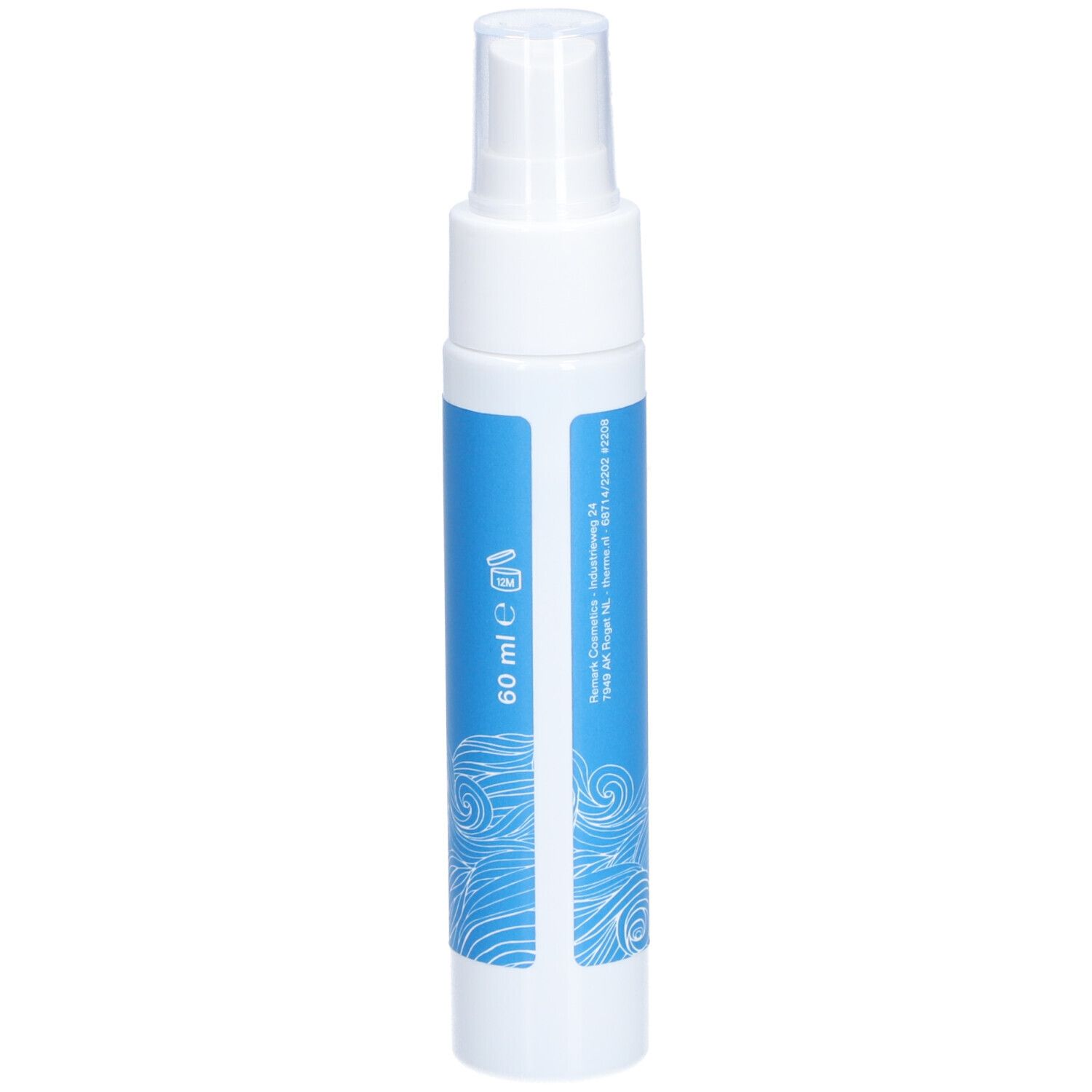 THERME Aqua Wellness Körperspray. Weiße Flasche mit blauem Etikett. Wellenmuster. 60 ml.