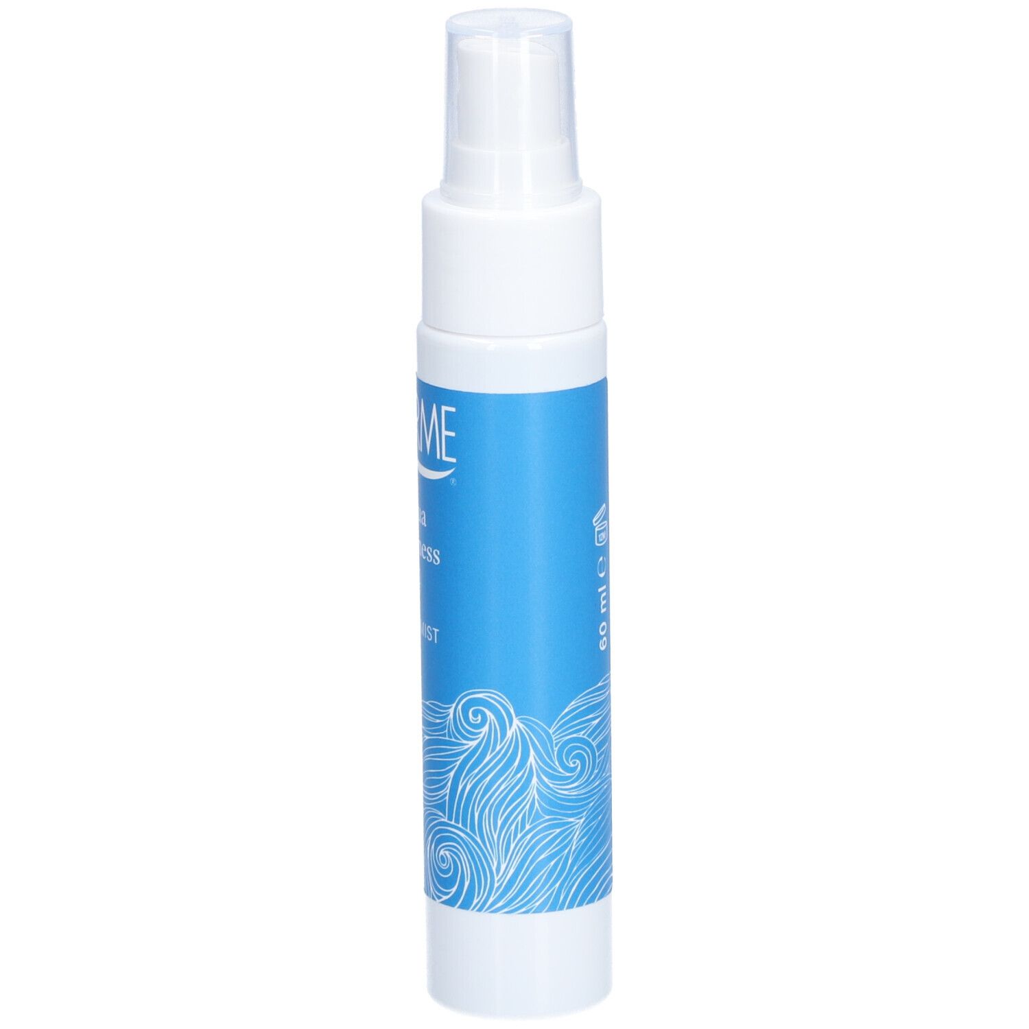 THERME Aqua Wellness Körperspray. Weiße Flasche mit blauem Etikett. Wellenmuster. Sprühkopf.